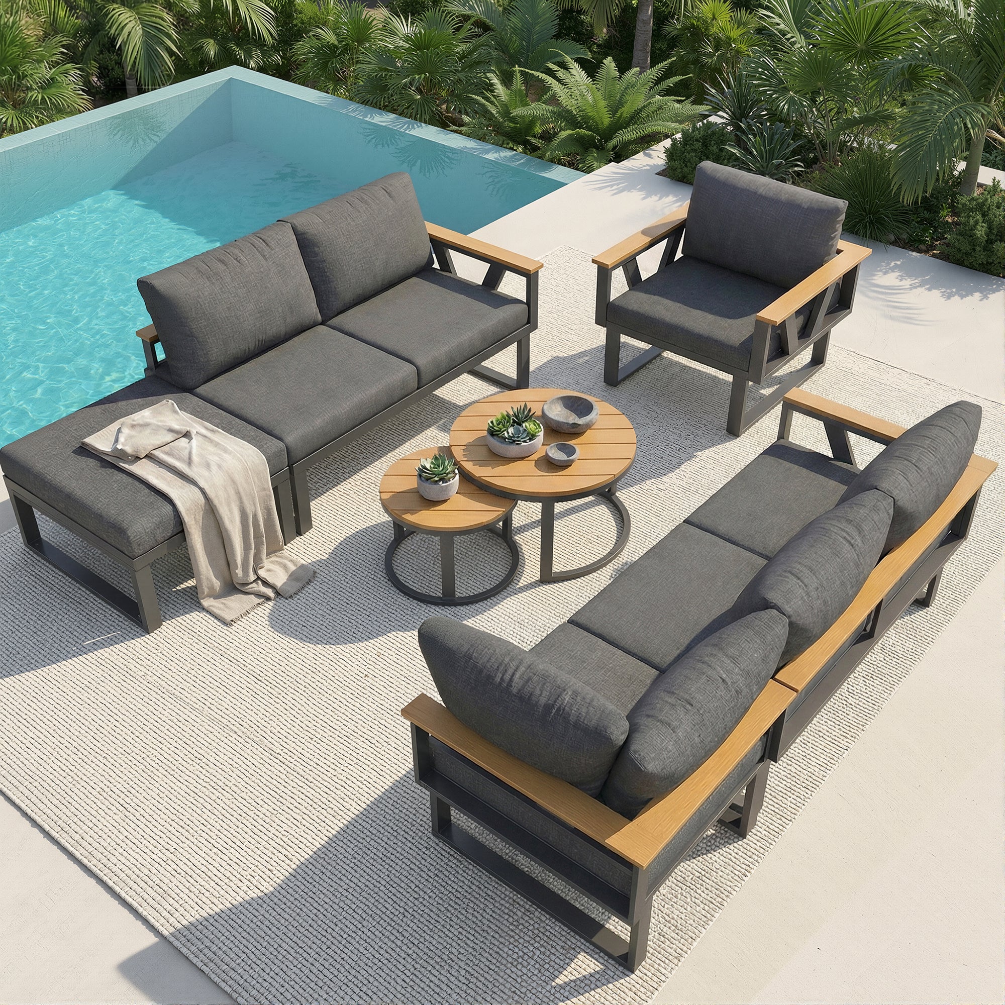 Modular Outdoor Sofa Set with Nesting Tables, Sturdy Metal Frame, Washable Cushions, for Patio & Garden