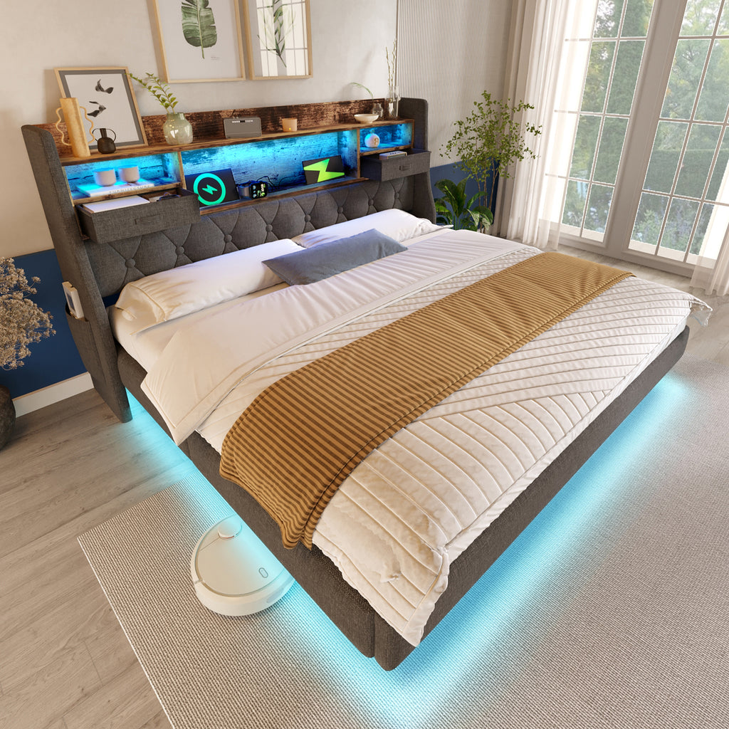 Upholstered Bed 4ft6 Floating Bed with LED Lighting, USB Type-C Charging, Storage Headboard for Cellphones and Tablets,  135 x 190 cm Double Bed, Linen, Grey (No Mattress)