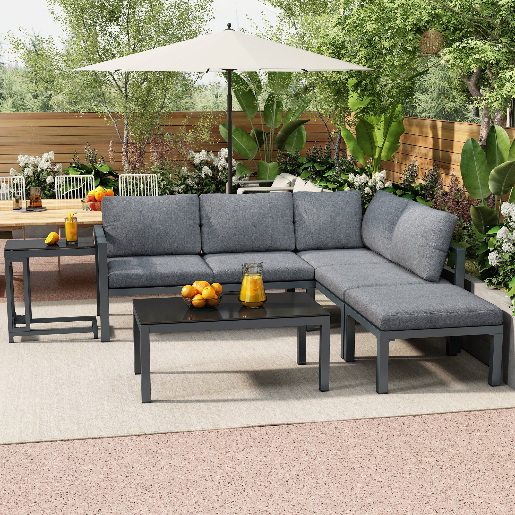 Outdoor garden terrace lounge sofa set, garden furniture for 4-5 people with side table and coffee table, corner sofa, all-weather lounge furniture, grey, all cushions included