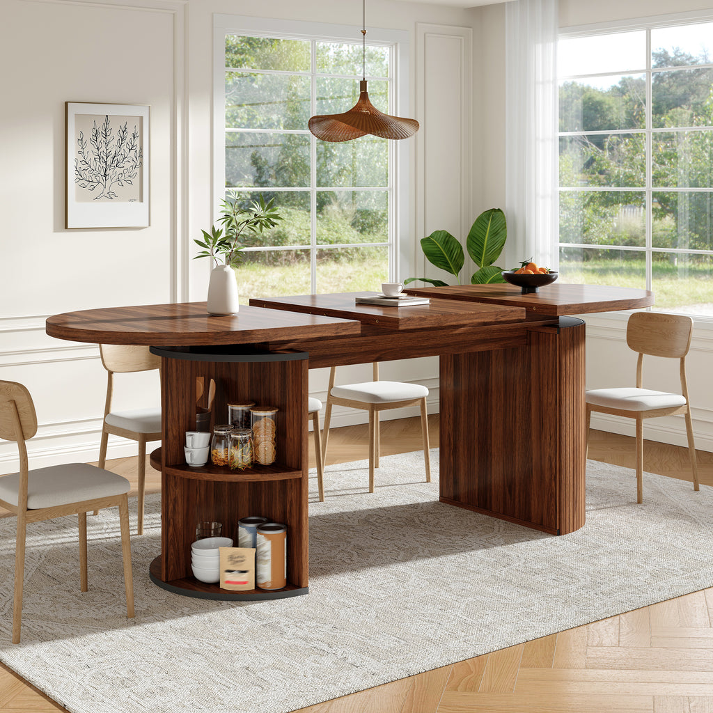 Extendable dining table with hidden storage compartment, thickened tabletop for high stability, flexibly adaptable for small spaces, kitchen, study and living room, dark brown