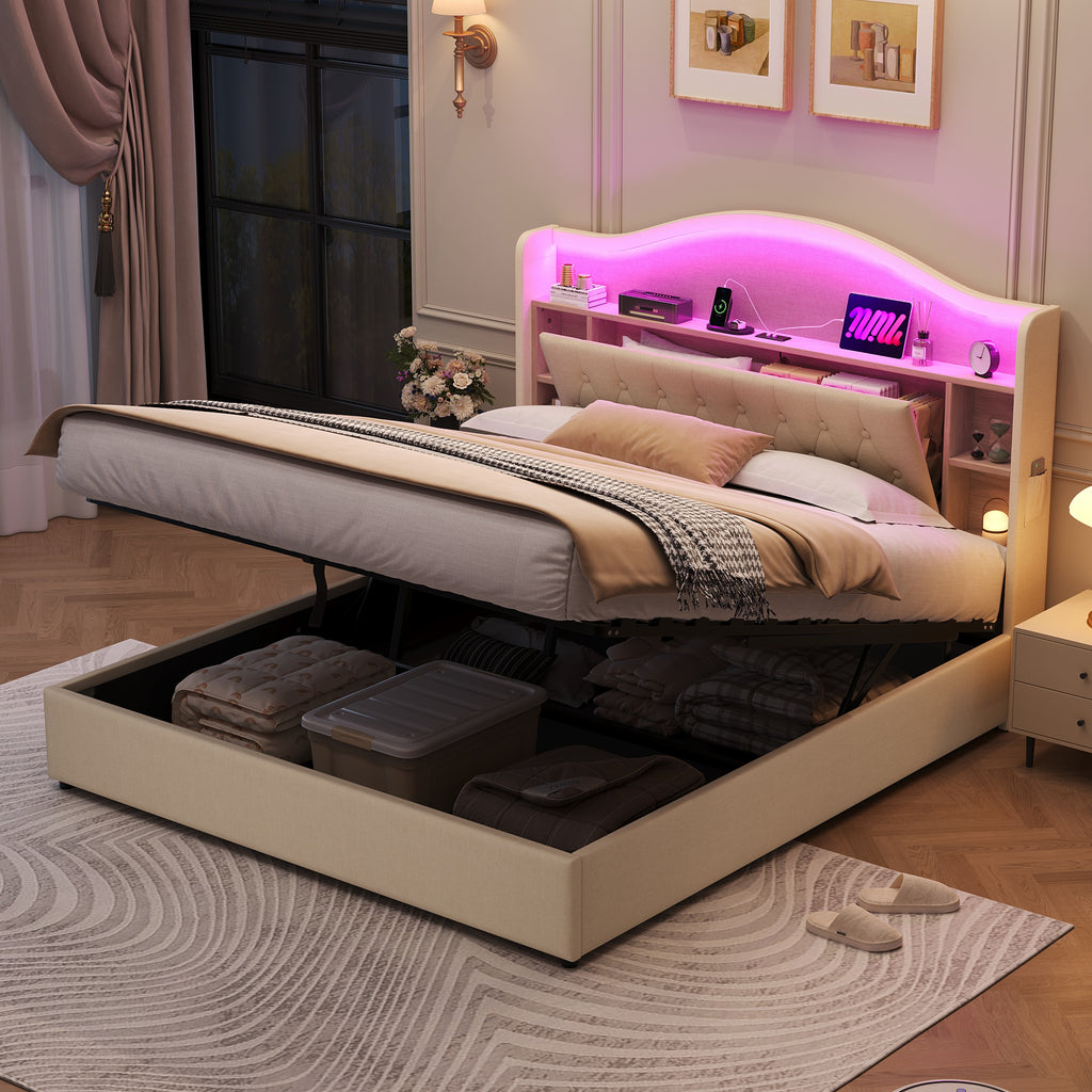 5ft King Upholstered Bed Frame with Hydraulic Storage, LED Curved Button Tufted Headboard with Charging Station and Concealed Headboard Storage, USB and Type - C Ports, Linen, Beige (No Mattress)