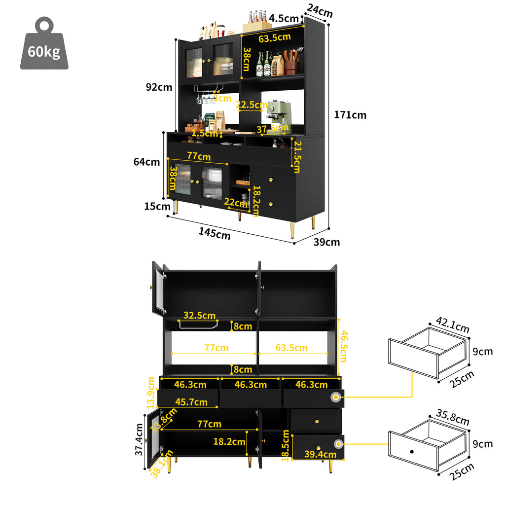 Multi-purpose Storage Cabinet(145 x 39 x 171 cm), Modern design, with Changhong glass door, Wine glass holder, Multi-layered storage space, Black with gold decoration, Suitable for home and restaurant