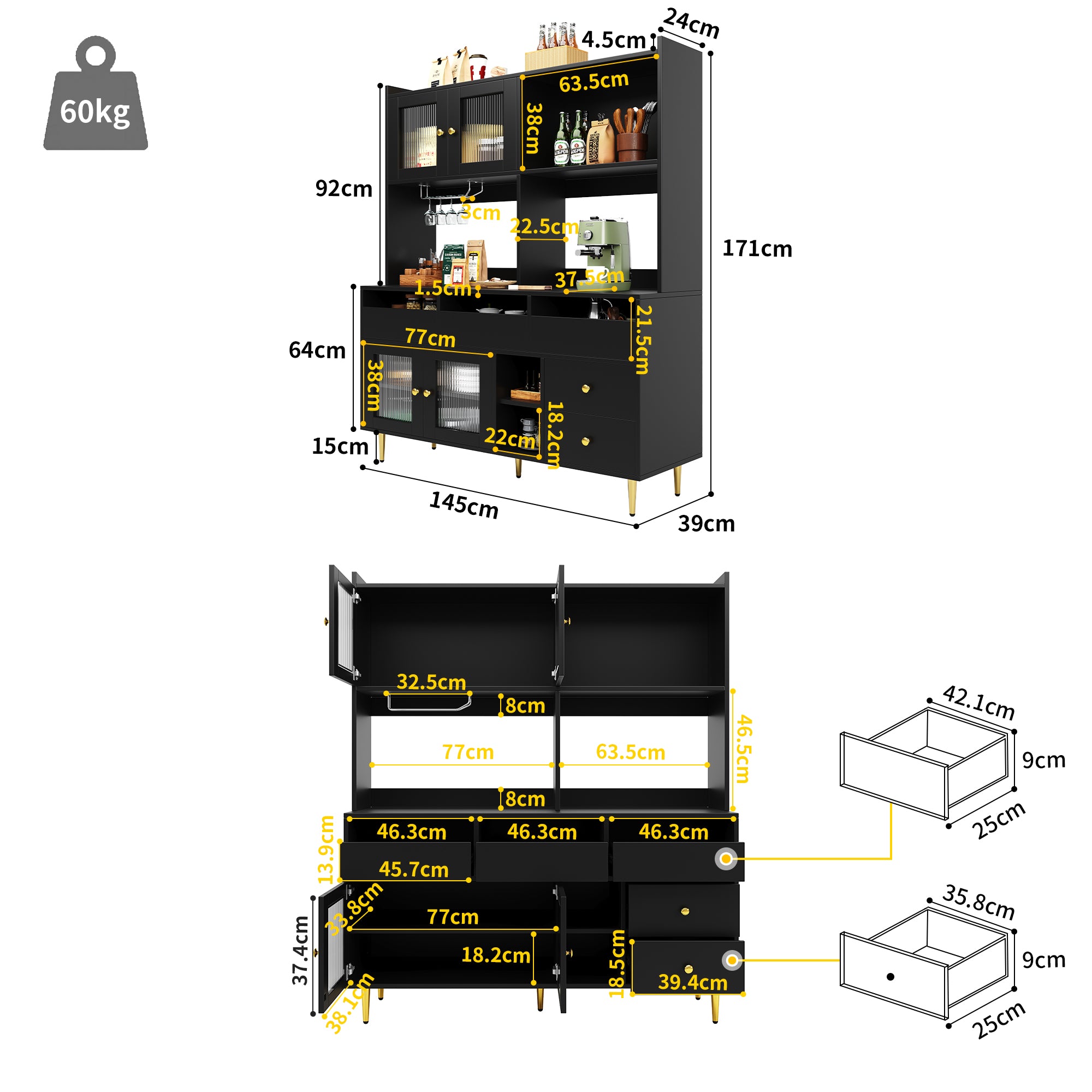 Multi-purpose Storage Cabinet(145 x 39 x 171 cm), Modern design, with Changhong glass door, Wine glass holder, Multi-layered storage space, Black with gold decoration, Suitable for home and restaurant