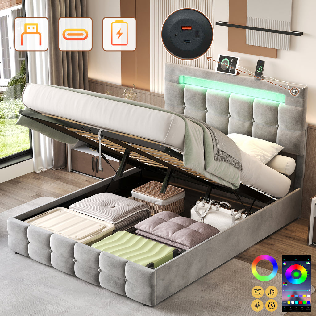 4ft6 Double Upholstered Bed Frame with Hydraulic Storage, Velvet Ottoman Bed with LED Lighting and Charging Station,  Double Bed with Adjustable Button Tufted Headboard, Grey (No Mattress)