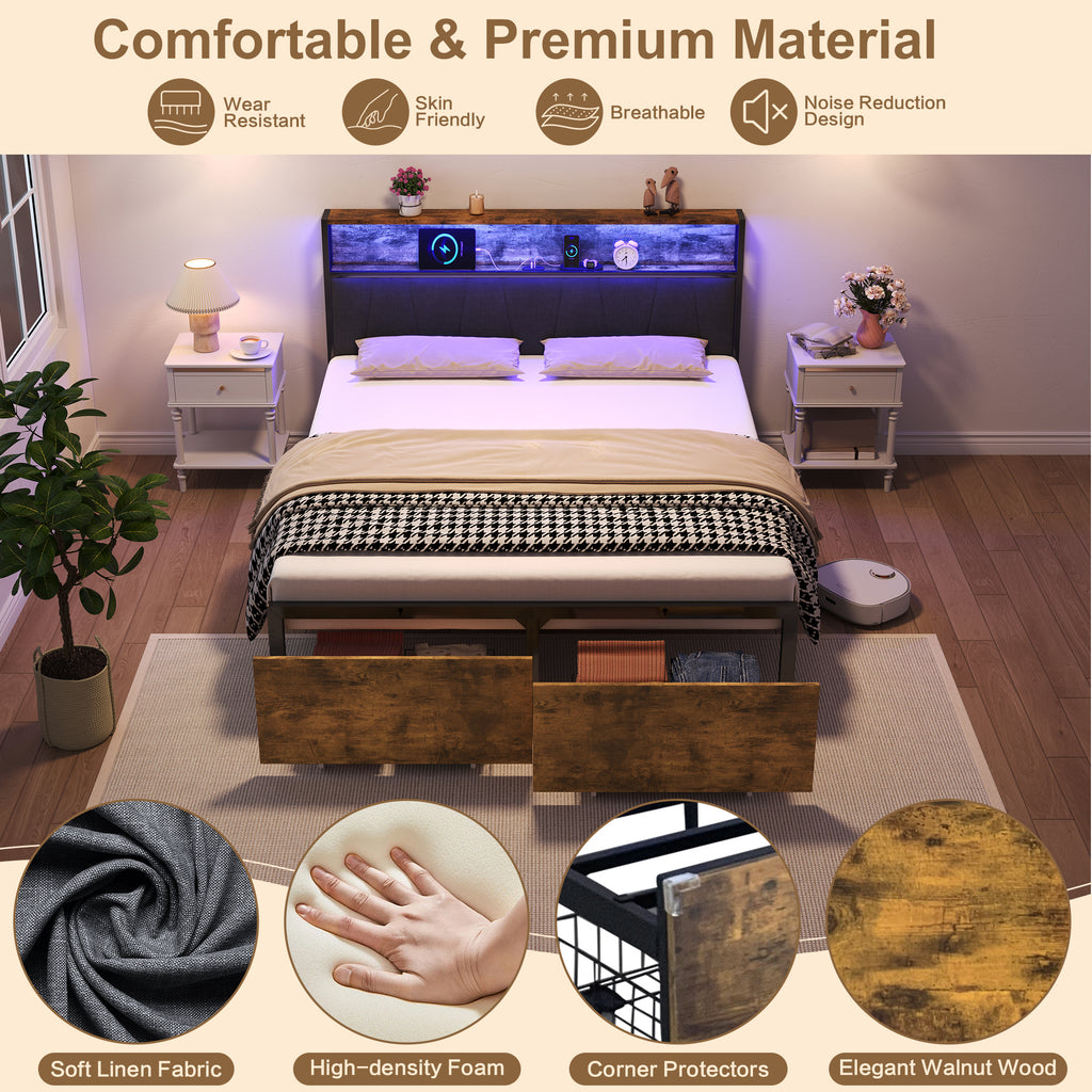 4ft6 Double Bed Frame with 2 Storage Drawers, RGB LED Storage Headboard with Charging Station, Metal Platform Bed Frame, No Box Spring Needed, Easy Assembly, Black+Walnut (No Mattress)