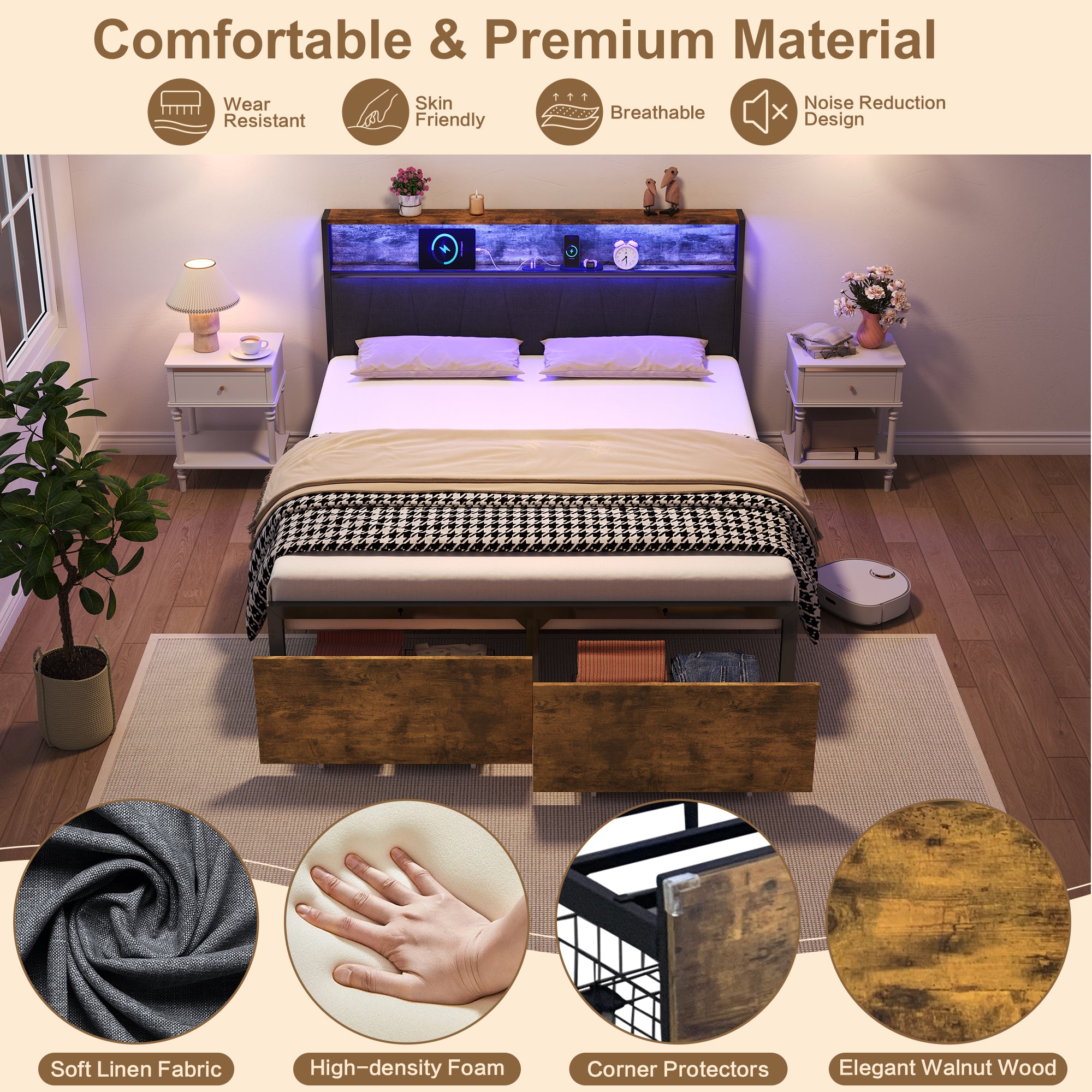 4ft6 Double Bed Frame with 2 Storage Drawers, RGB LED Storage Headboard with Charging Station, Metal Platform Bed Frame, No Box Spring Needed, Easy Assembly, Black+Walnut (No Mattress)
