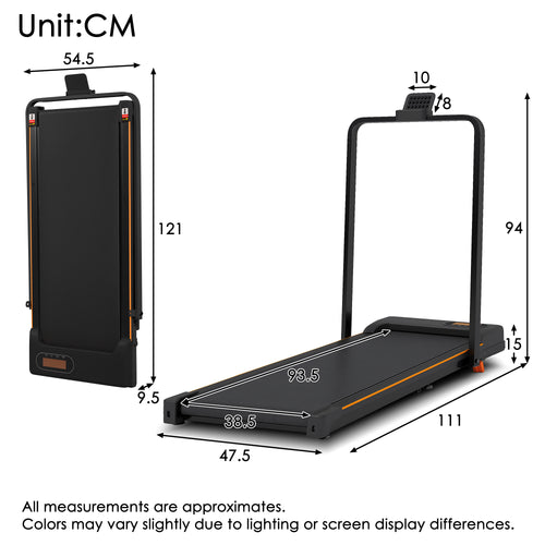 Folding Treadmill with Handrail & Adjustable Incline, 1-10 km/h Running Machine, Space Saving Low Noise Design, LED Display, Phone Holder, Remote Control, Transport Wheels & Plug, Black.