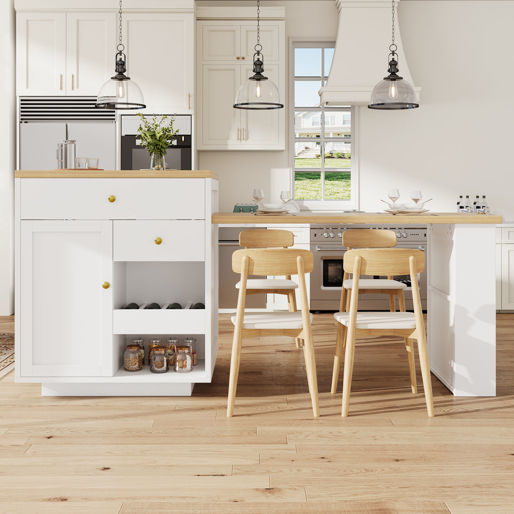 Extendable bar table with storage (122.5-195.5×70×93.8cm), with three drawers and wine rack, kitchen island with extendable table, for 2-6 people, kitchen dining cart with side shelves, white