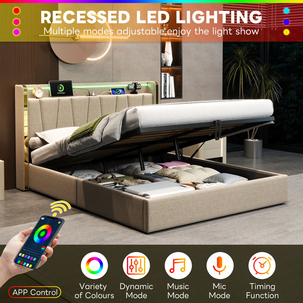 4ft6 Double Upholstered Bed Frame with Hydraulic Storage,  LED Headboard with Charging Station and Chrome Trim, USB and Type - C Ports, Linen, No Box Spring Needed, Beige (No Mattress)