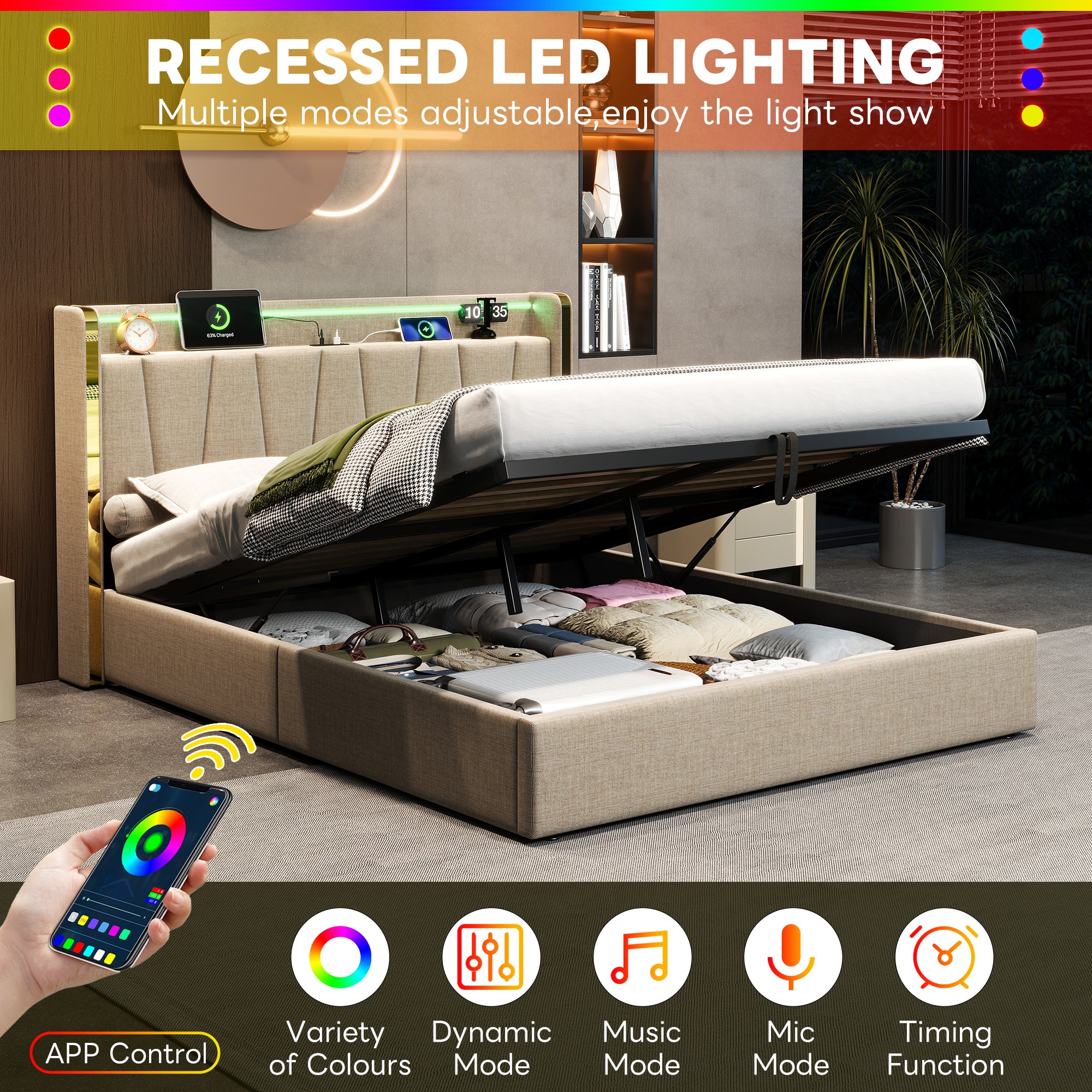 4ft6 Double Upholstered Bed Frame with Hydraulic Storage,  LED Headboard with Charging Station and Chrome Trim, USB and Type - C Ports, Linen, No Box Spring Needed, Beige (No Mattress)