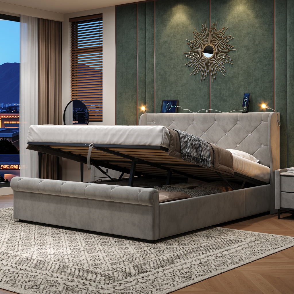 4ft6 Double Upholstered Bed Frame with Hydraulic Storage,  Diamond Tufted Headboard with Charging Station and Reading Light, USB and Type - C Ports, Velvet, Grey (No Mattress)