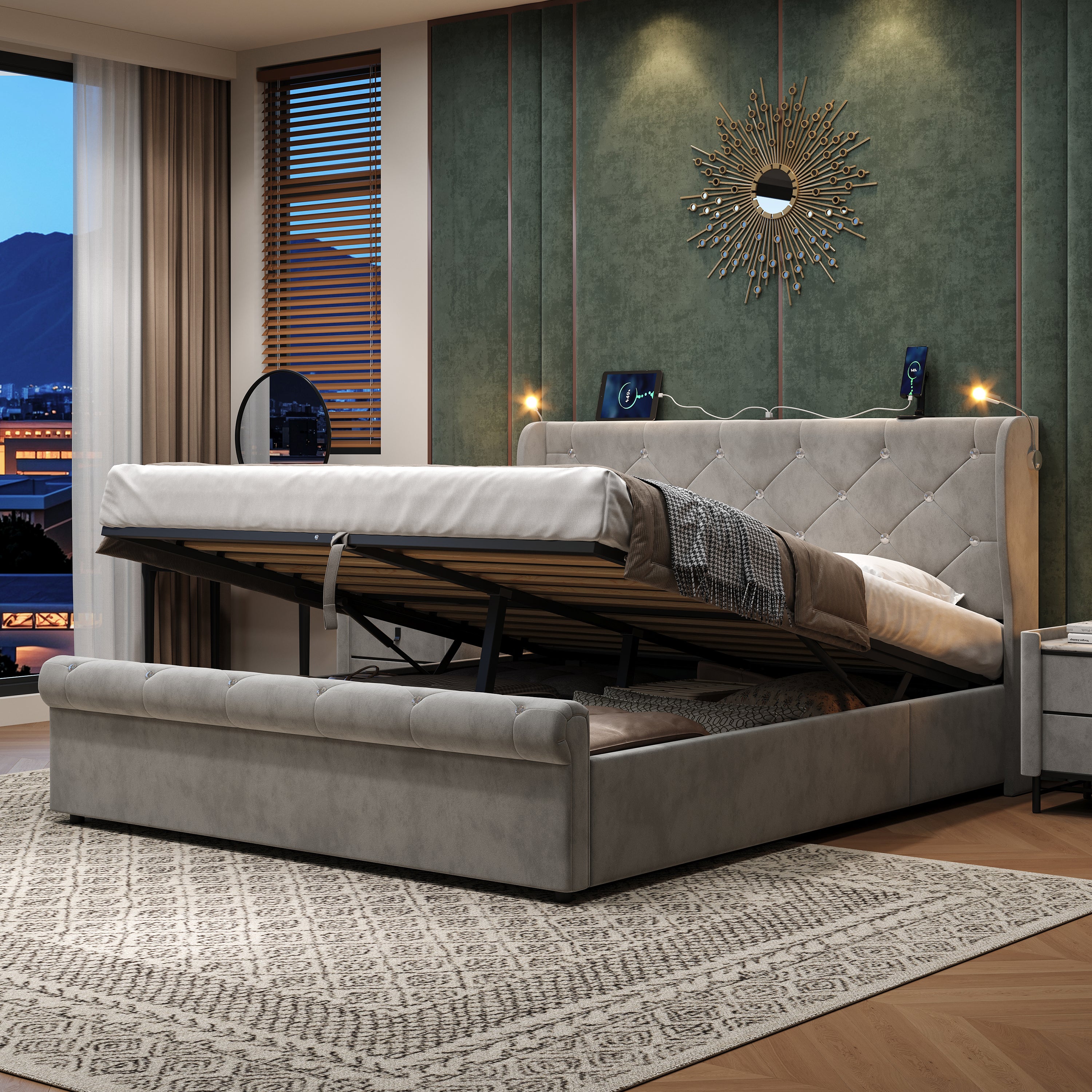 4ft6 Double Upholstered Bed Frame with Hydraulic Storage,  Diamond Tufted Headboard with Charging Station and Reading Light, USB and Type - C Ports, Velvet, Grey (No Mattress)