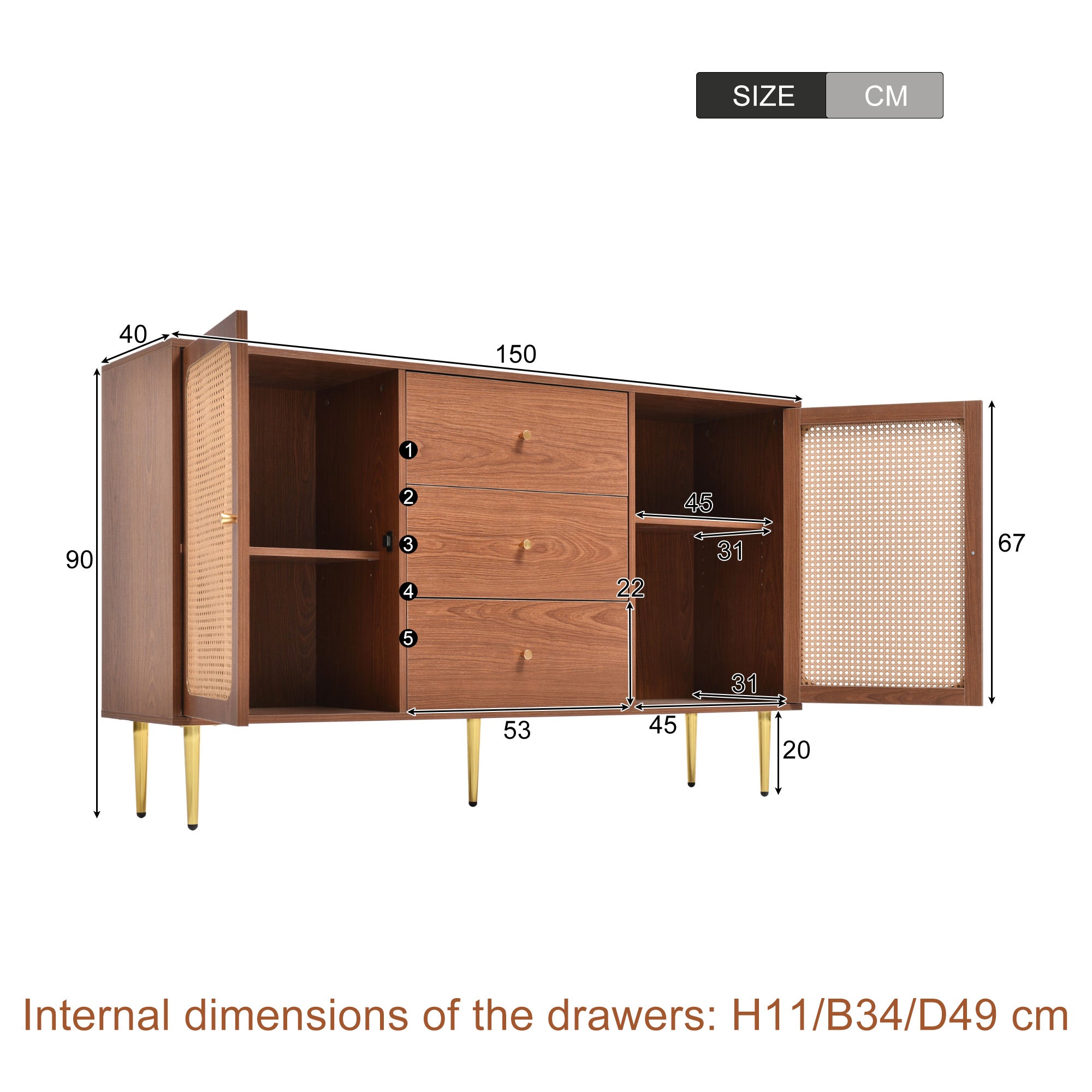 (=835960AAT) Rattan Sideboard Cabinet for Living Room, Chest of Drawers, Sideboard with 2 Doors and 3 Drawers, Adjustable Shelf, Walnut -90H/150W/40D cm
