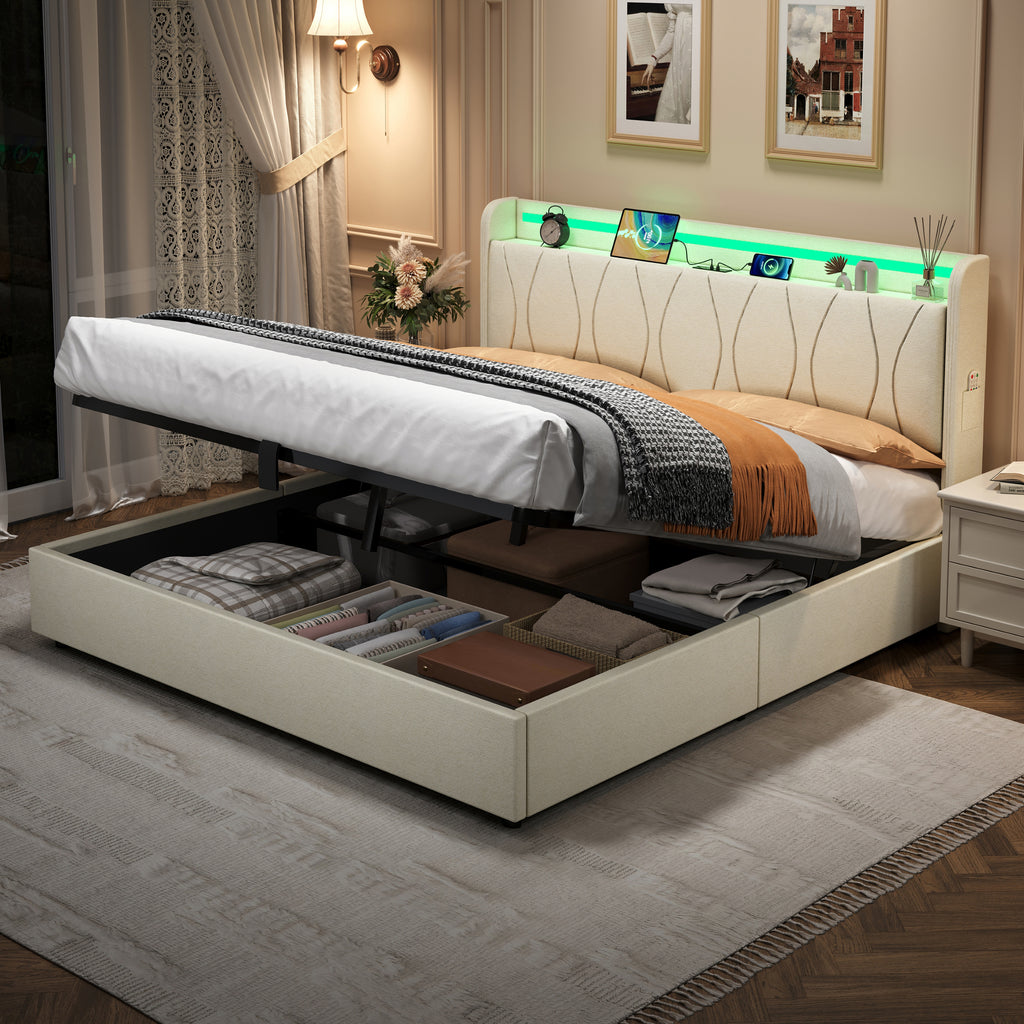 5ft King Upholstered Bed Frame with Hydraulic Storage, LED Headboard with Charging Station and Concealed Headboard Storage, USB and Type - C Ports, Linen, No Box Spring Needed, Beige (No Mattress)