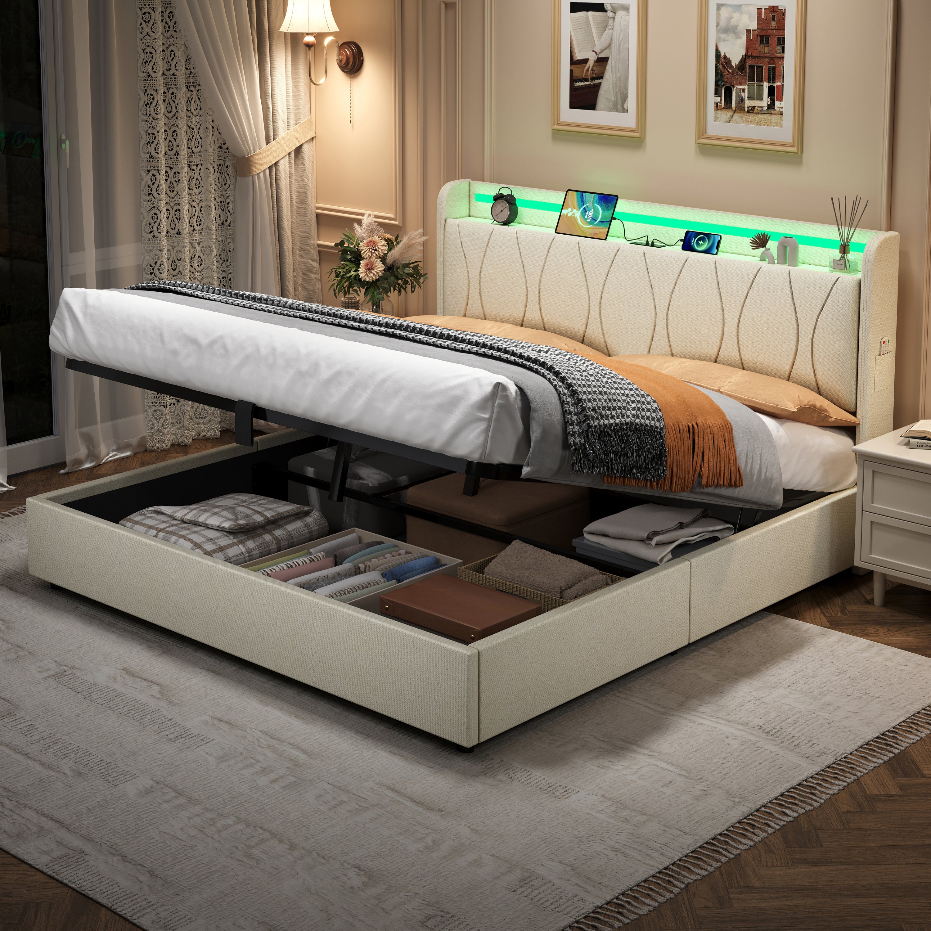 5ft King Upholstered Bed Frame with Hydraulic Storage, LED Headboard with Charging Station and Concealed Headboard Storage, USB and Type - C Ports, Linen, No Box Spring Needed, Beige (No Mattress)