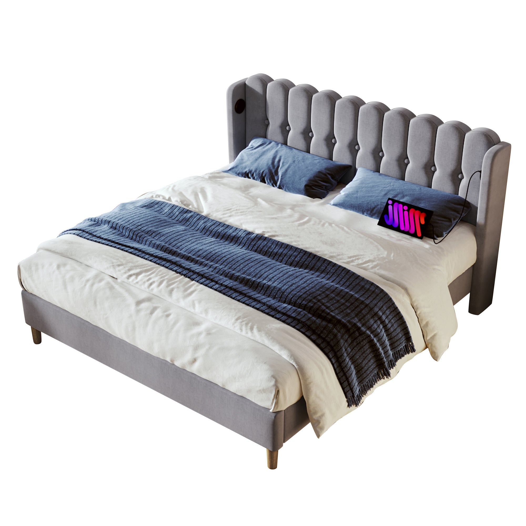 Upholstered Double Bed with USB and Type-C Charging, Bed Frame with Wooden Slatted Frame, Teenager Bed for Bedroom & Guest Room,4ft6 135 x 190 cm Bed Frame, Grey, Linen Material (No Mattress) .