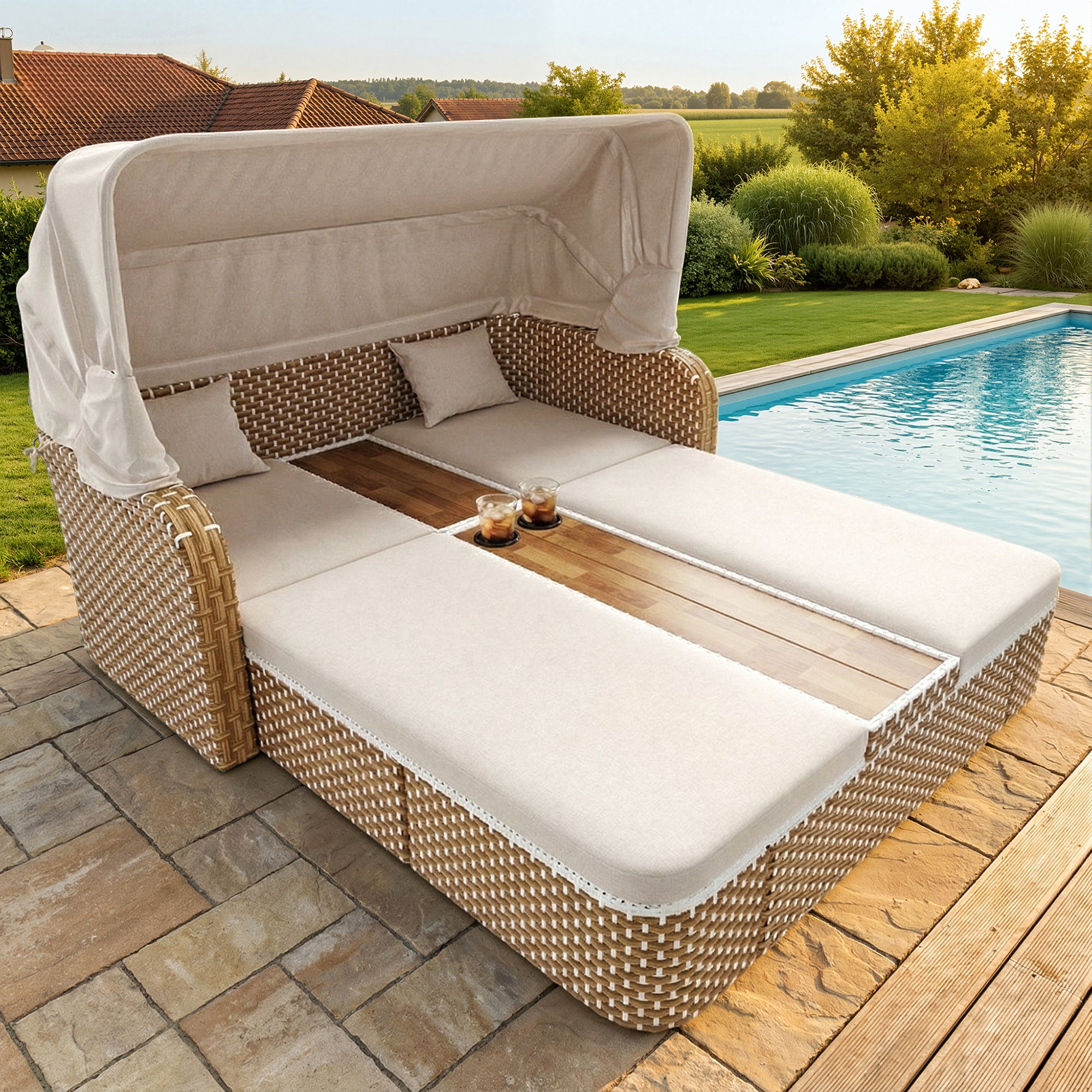 Outdoor Wicker Double Chaise Lounge with Adjustable Canopy, 5-Position Reclining Backrests, Built-in Cup Holders, for Patio & Poolside