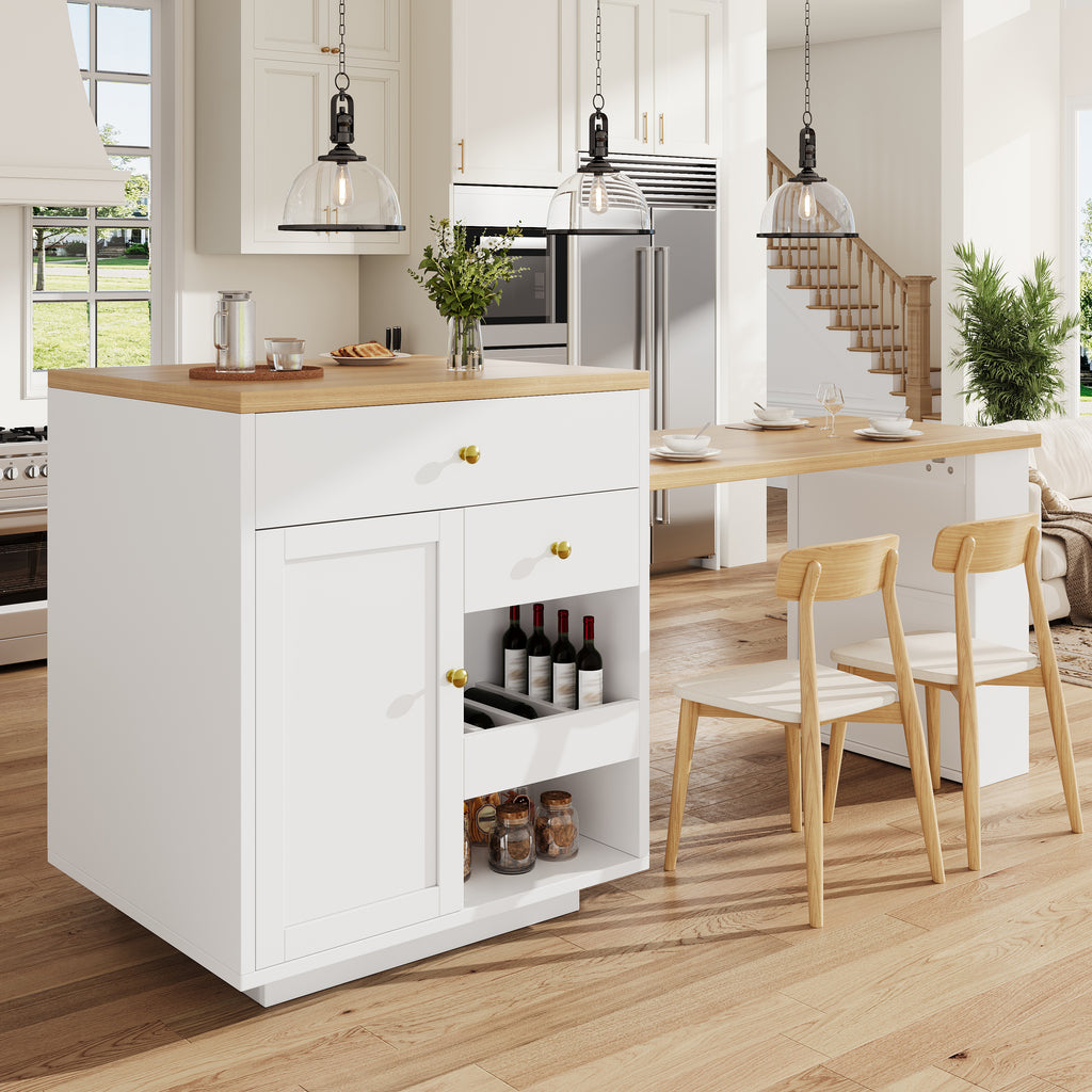 Extendable bar table with storage (122.5-195.5×70×93.8cm), with three drawers and wine rack, kitchen island with extendable table, for 2-6 people, kitchen dining cart with side shelves, white