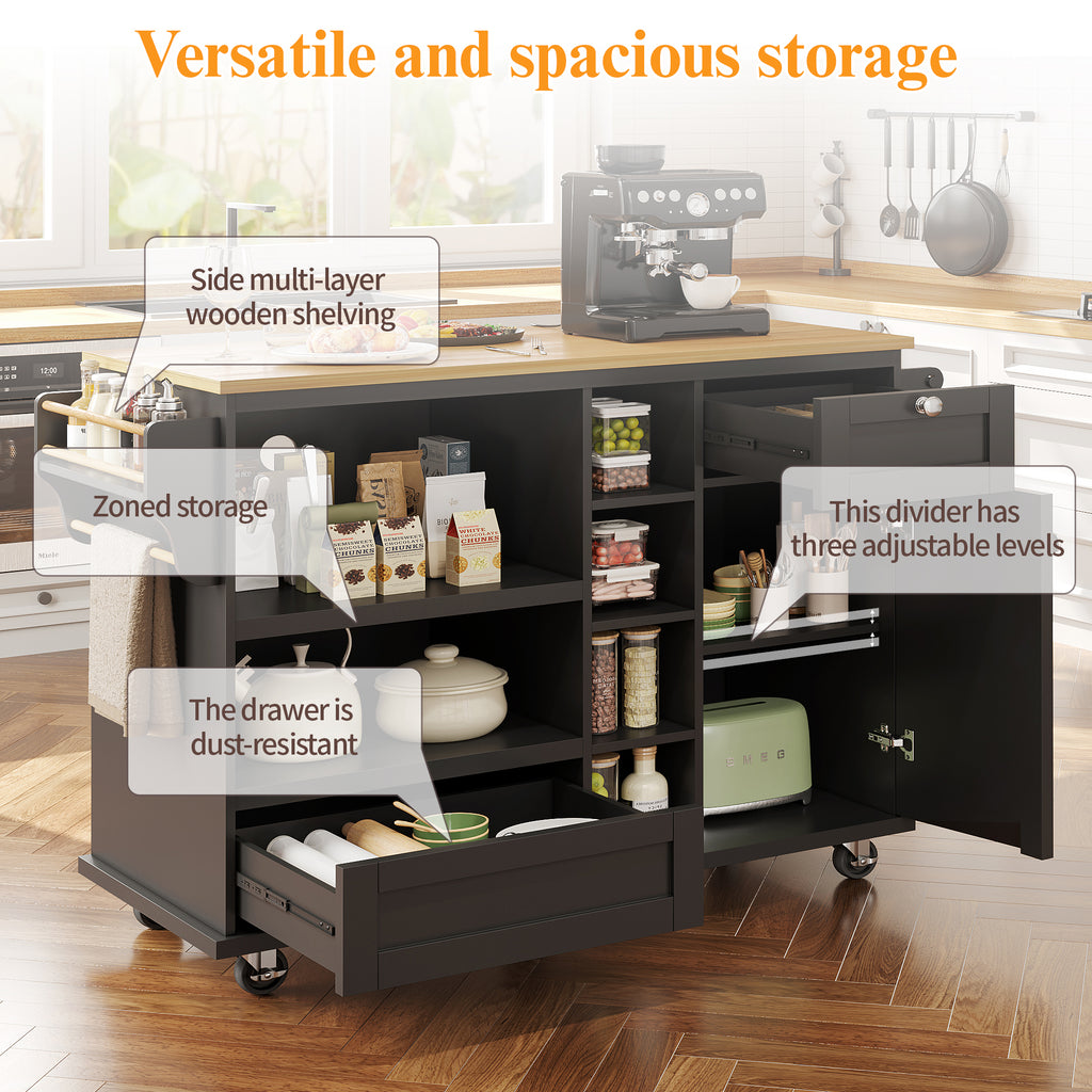 Dining trolley (129 x 46 x 92 cm), modern and simple black mobile kitchen dining trolley with drawers and storage cupboards, light brown wooden worktop, suitable for modern families, black