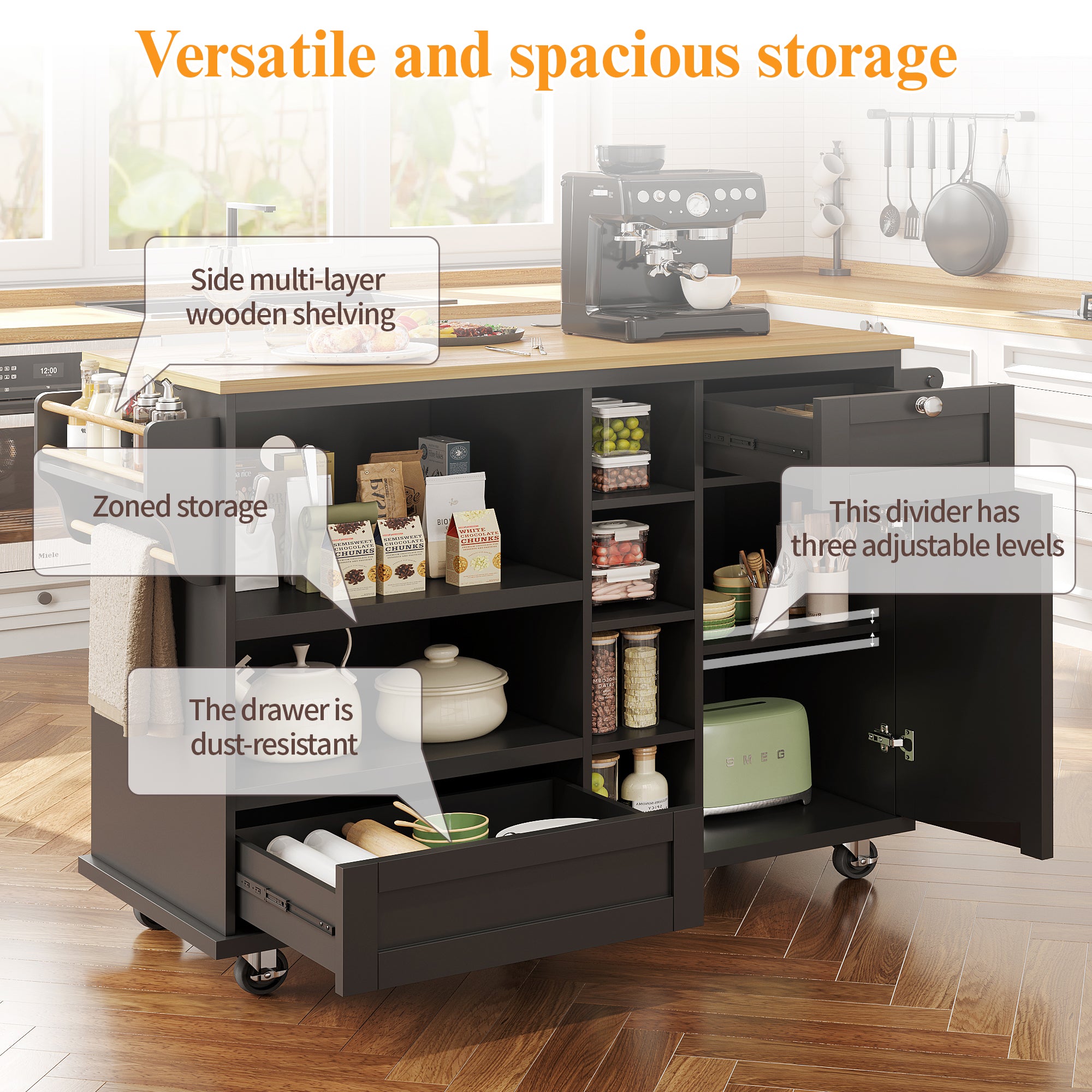 Dining trolley (129 x 46 x 92 cm), modern and simple black mobile kitchen dining trolley with drawers and storage cupboards, light brown wooden worktop, suitable for modern families, black