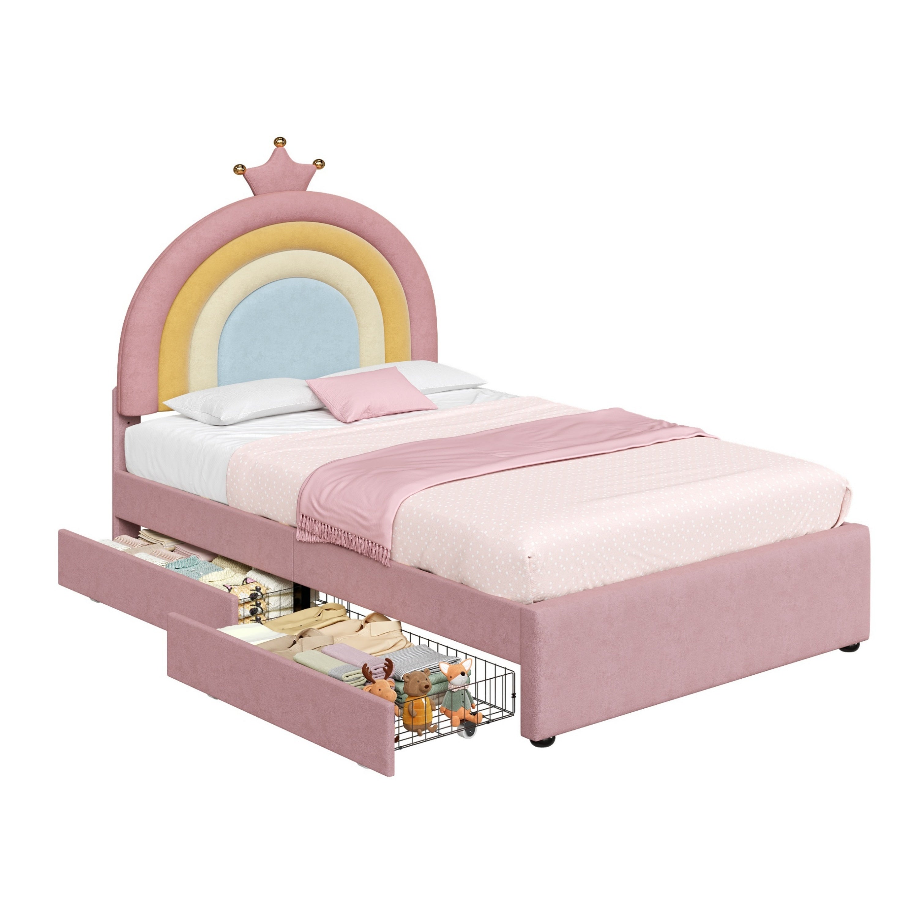 3ft Single Upholstered Bed with Adjustable Rainbow Crown Headboard, Soft Velvet Bed Frame with Flexible Storage Drawers, No Box Spring Needed, Pink (No Mattress)