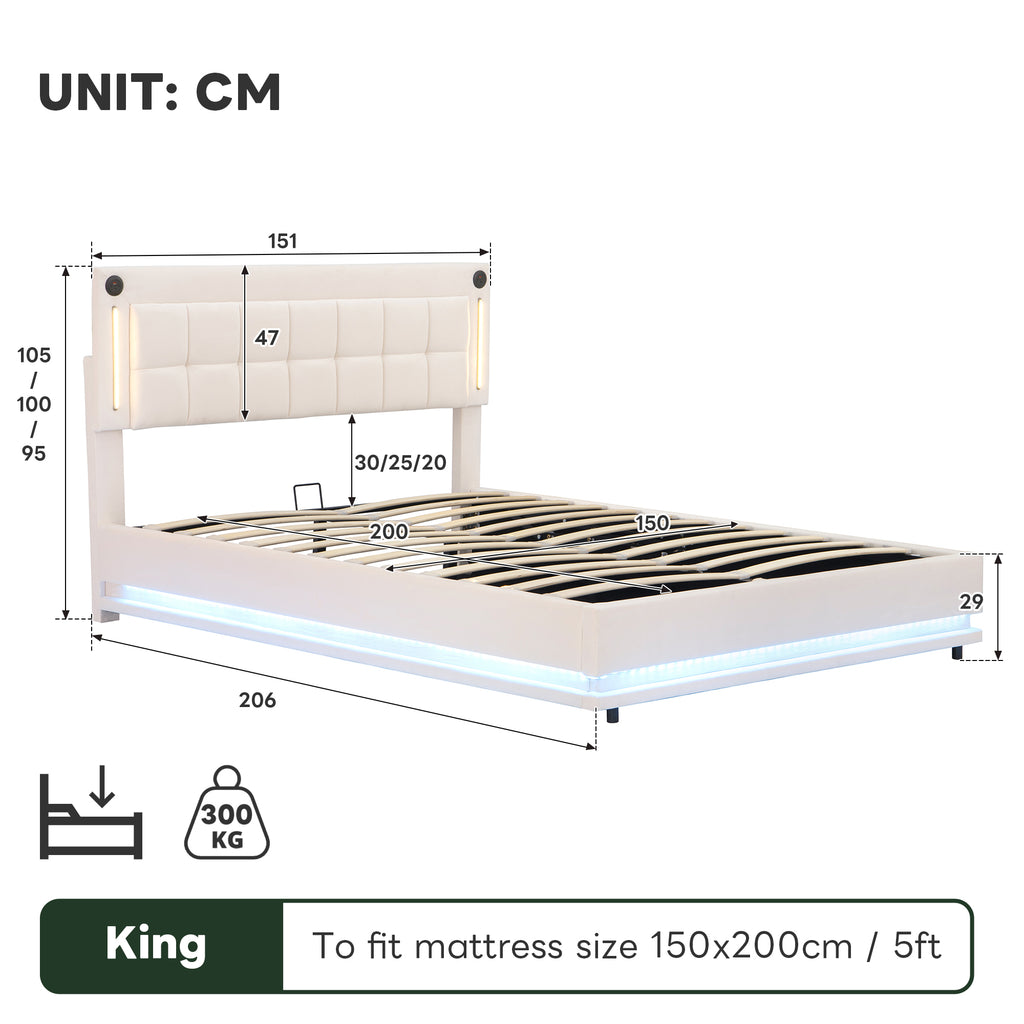 5ft King LED Hydraulic Bed with Charging Station, Adjustable Square Tufted Headboard with Intelligent Control Light, Soft Velvet Bed Frame with USB and Type - C Ports, Beige (No Mattress)