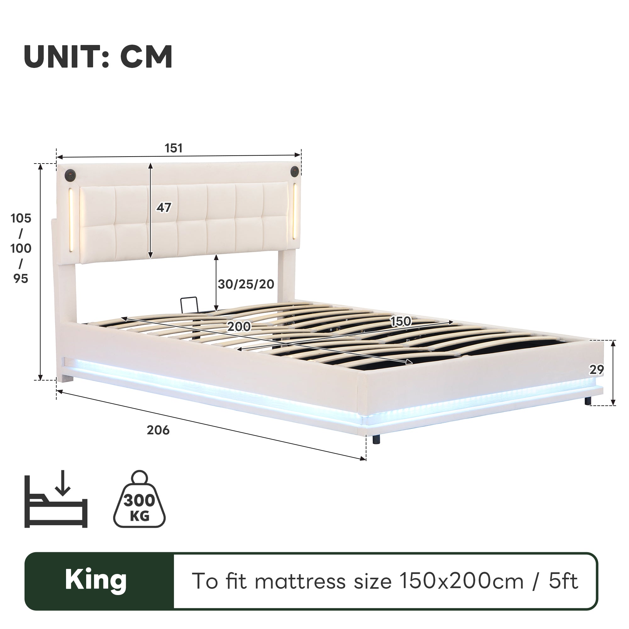 5ft King LED Hydraulic Bed with Charging Station, Adjustable Square Tufted Headboard with Intelligent Control Light, Soft Velvet Bed Frame with USB and Type - C Ports, Beige (No Mattress)