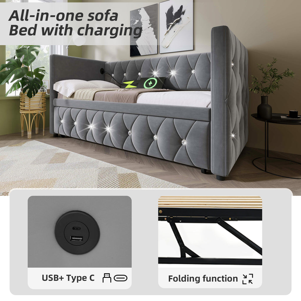 Daybed Single Upholstered Bed Sofa Bed with USB &Type C Charging Station, 3FT Single Bed 90 x 190 cm with Trundle ,Pull out Trundle for Living Room and Bedroom, Velvet ,Grey