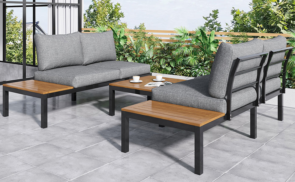 Outdoor Patio&Backyard Furniture Garden Lounge Set for 4 people, Space Saving Thick Quality L-Shaped Corner Sofa with Wooden Table, Grey