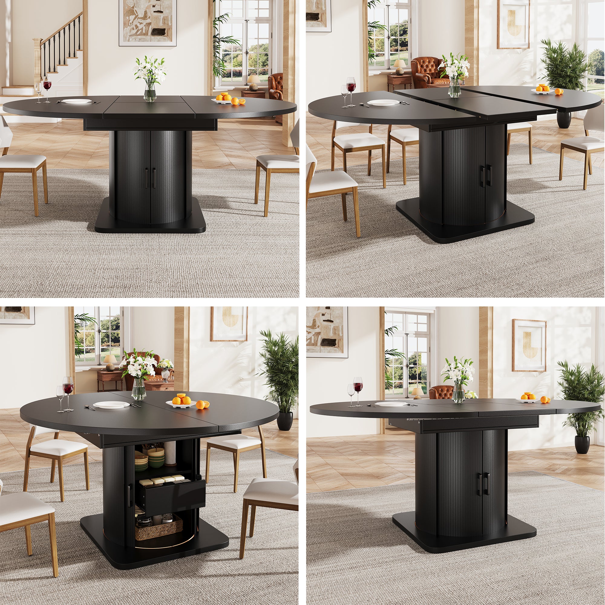 Extendable dining table, dining room table, kitchen table, round dining table, extends to oval, 118-158 cm, seats up to 6 people, dining table with drawers, black