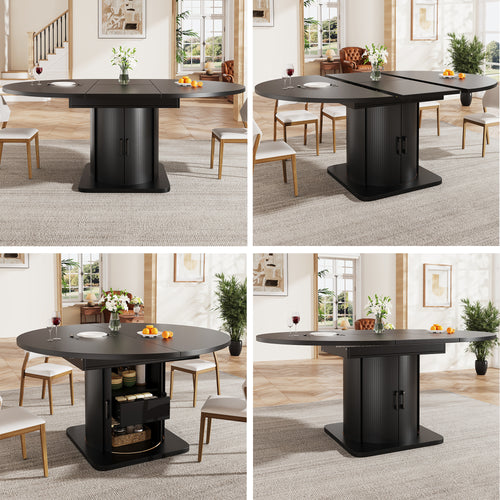 Extendable dining table, dining room table, kitchen table, round dining table, extends to oval, 118-158 cm, seats up to 6 people, dining table with drawers, black