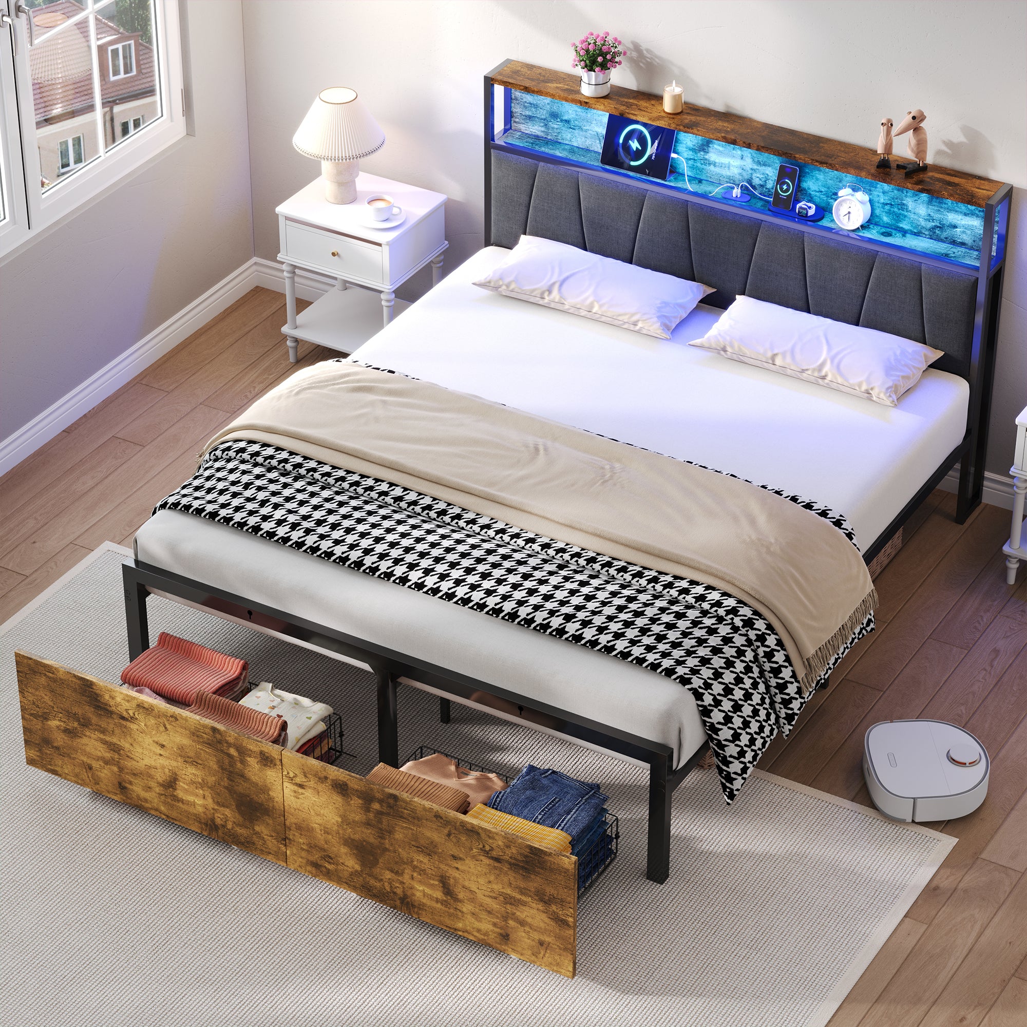 4ft6 Double Bed Frame with 2 Storage Drawers, RGB LED Storage Headboard with Charging Station, Metal Platform Bed Frame, No Box Spring Needed, Easy Assembly, Black+Walnut (No Mattress)
