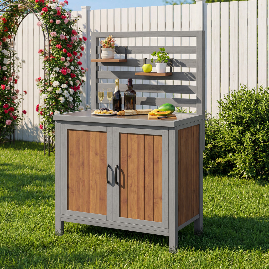 Weatherproof wooden garden cabinet – tool shed with stainless steel worktop, grill station with adjustable shelves and storage compartments, kitchen cabinet for patio, balcony, garden