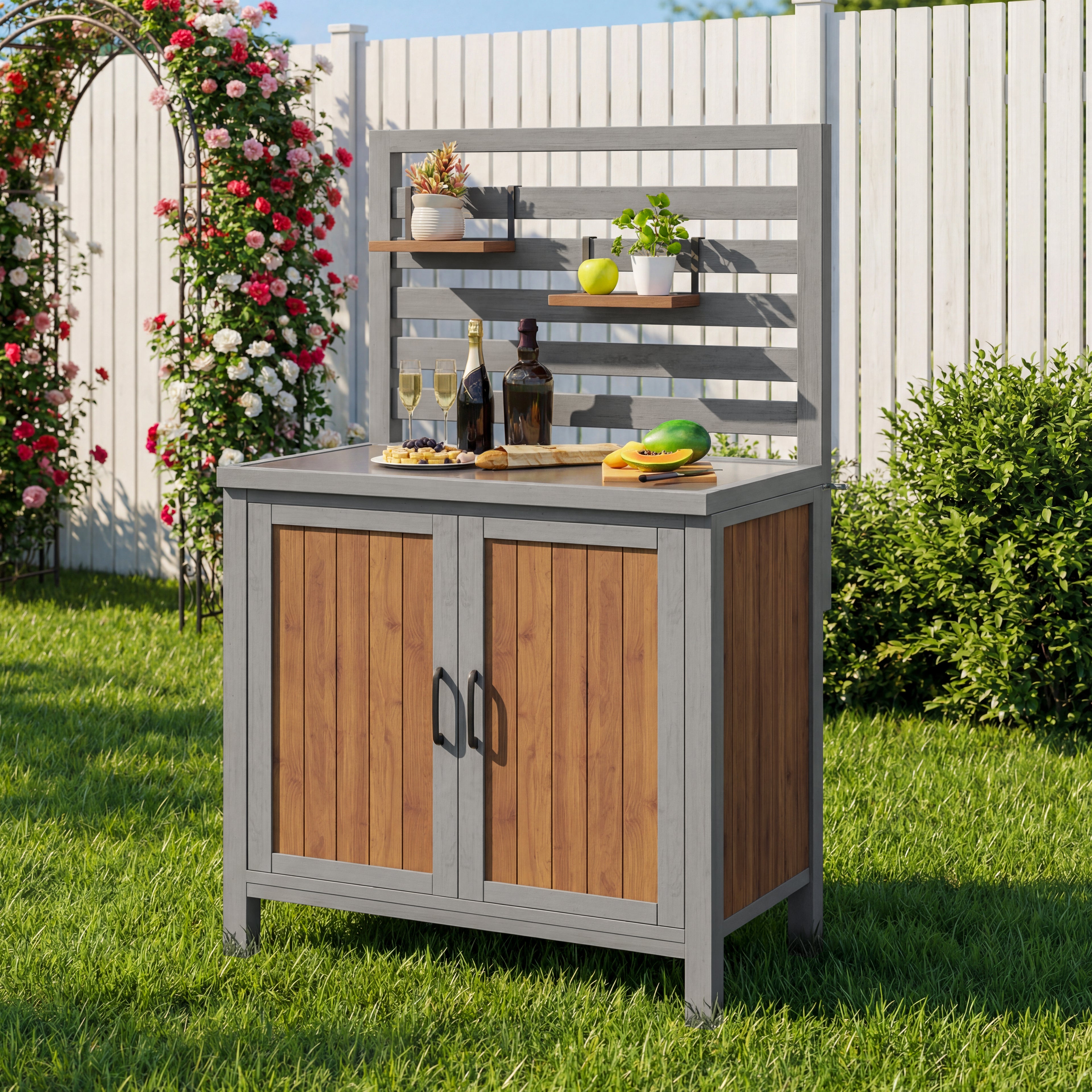Weatherproof wooden garden cabinet – tool shed with stainless steel worktop, grill station with adjustable shelves and storage compartments, kitchen cabinet for patio, balcony, garden