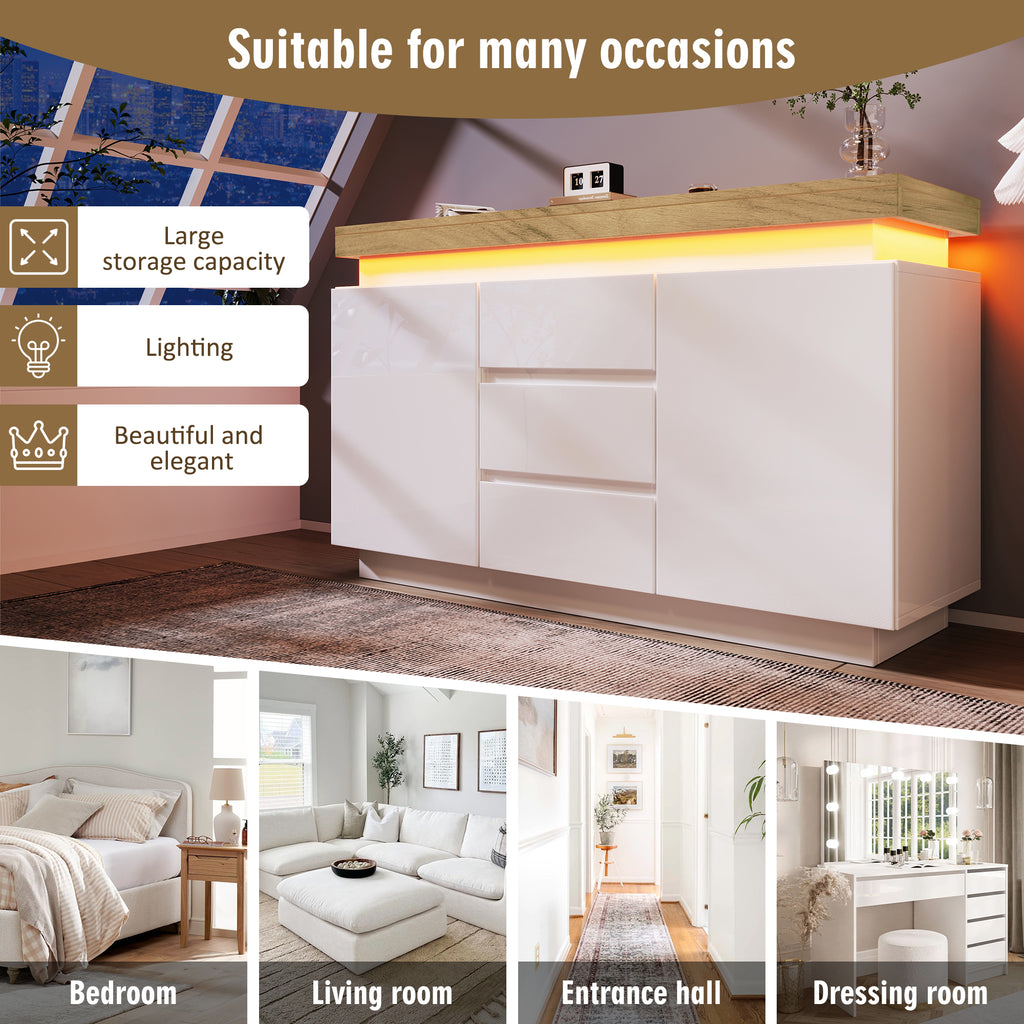 Chest of Drawers,High-gloss Sideboard Cabinet with 2 Doors and 3 Drawers,Storage with RGB LED(App-controlled),Multi-purpose Cabinet for Living Room and Bedroom, 81 x 140 x 39 cm, White