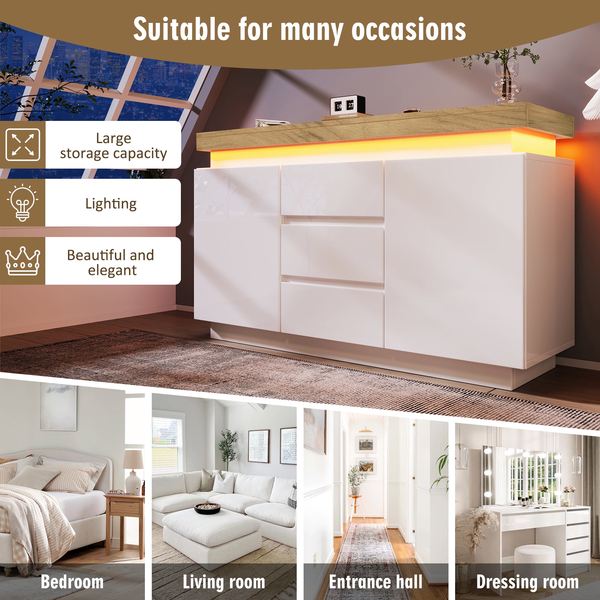 Chest of Drawers,High-gloss Sideboard Cabinet with 2 Doors and 3 Drawers,Storage with RGB LED(App-controlled),Multi-purpose Cabinet for Living Room and Bedroom, 81 x 140 x 39 cm, White