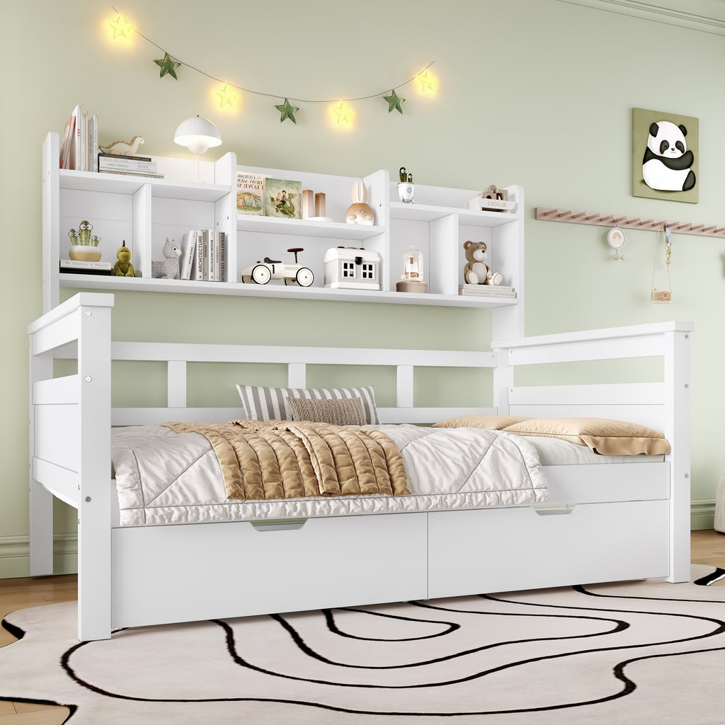 3ft Single Beds for Kids with Two Storage Drawers and Bookcase headboard, Wooden Bed Frame with Storage and Guardrail, Space-Saving Design for Bedroom, Dorm and Study Room, White (No Mattress)