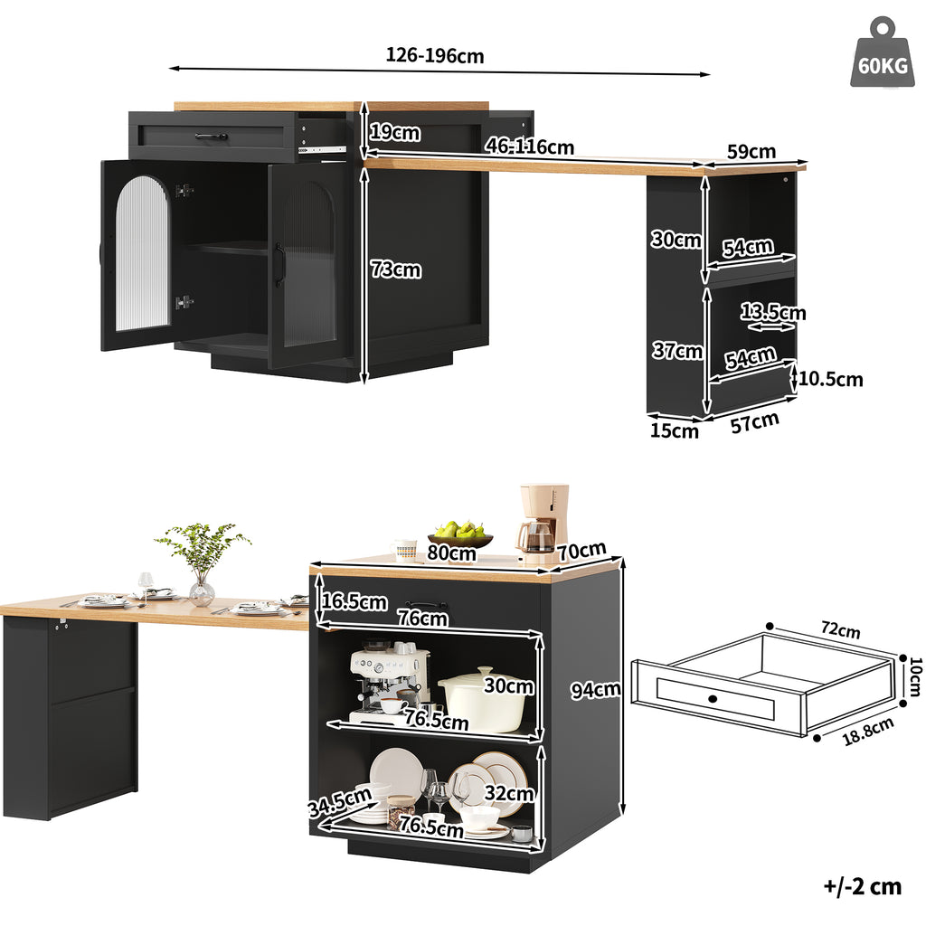 Extendable Kitchen Island with LED Lighting, Modern Storage Cabinet with 2 Drawers & Adjustable Shelves, Kitchen Sideboard with Fluted Glass Doors, MDF Kitchen Countertop for Dining Room