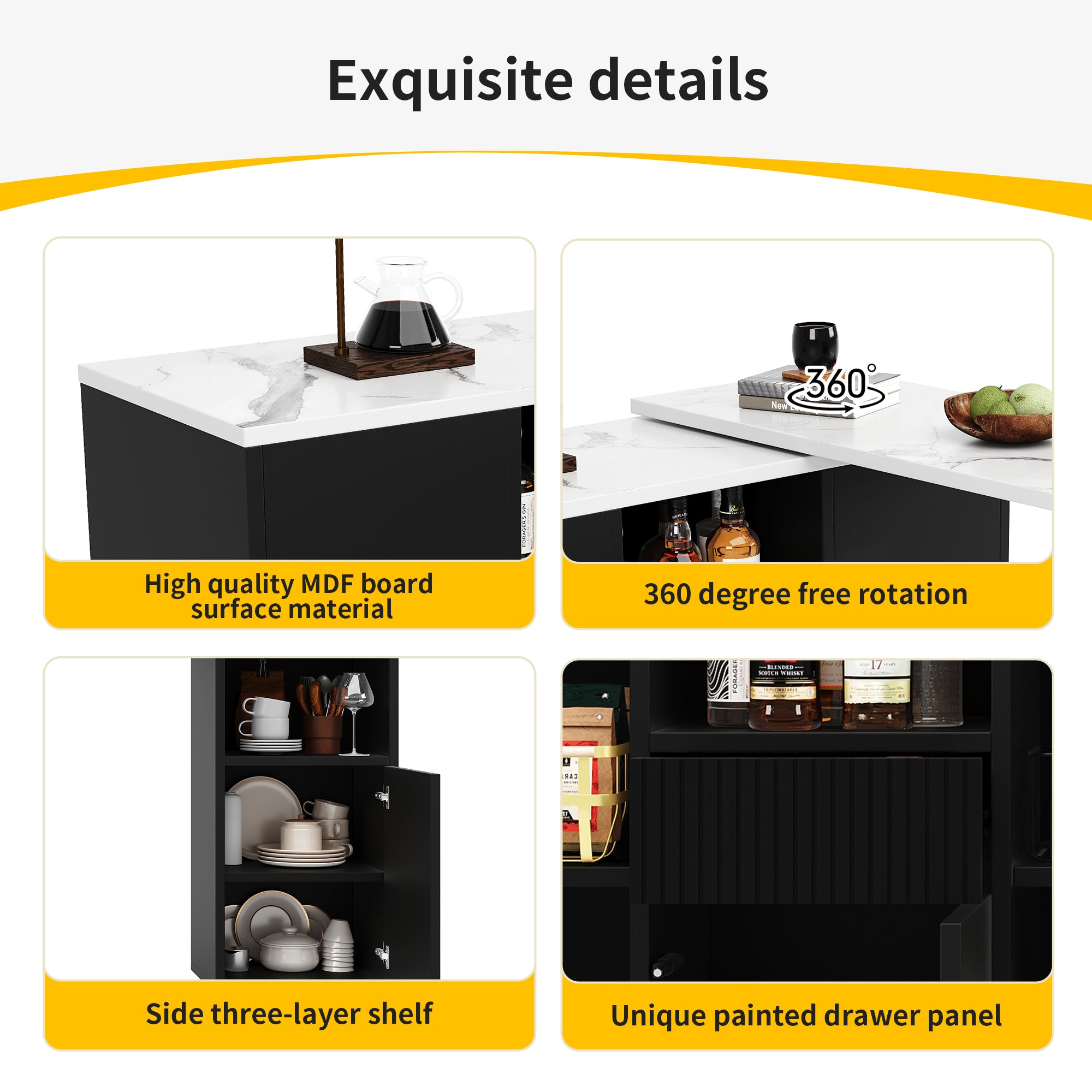 360° swivelling bar table (main body 198.5 x 30 x 75 cm), modern and sleek design, with open storage space and marble worktop, suitable for kitchen, living room and dining room, black