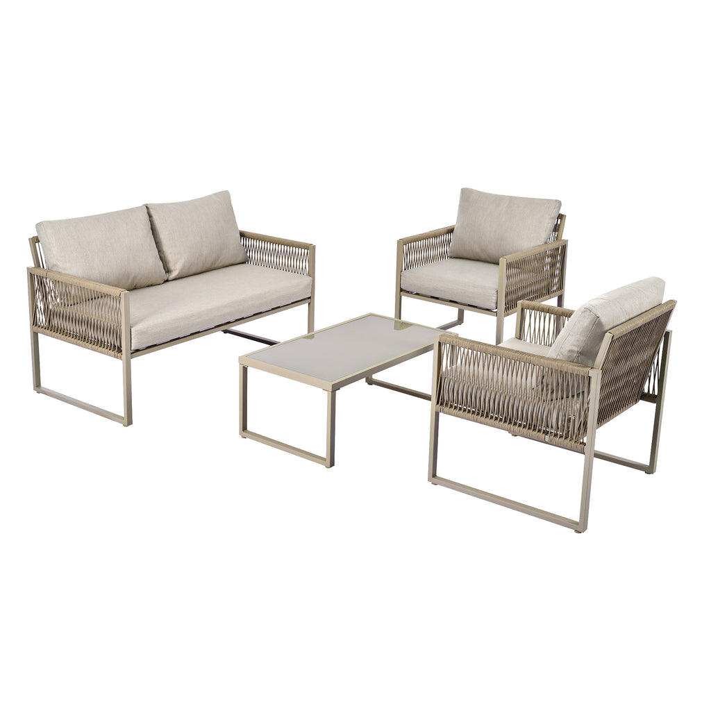 Outdoor Patio&Backyard Furniture Garden Lounge Set for 4 people, Thick Quality Space Saving Sofa with Glass Coffee Table, Khaki