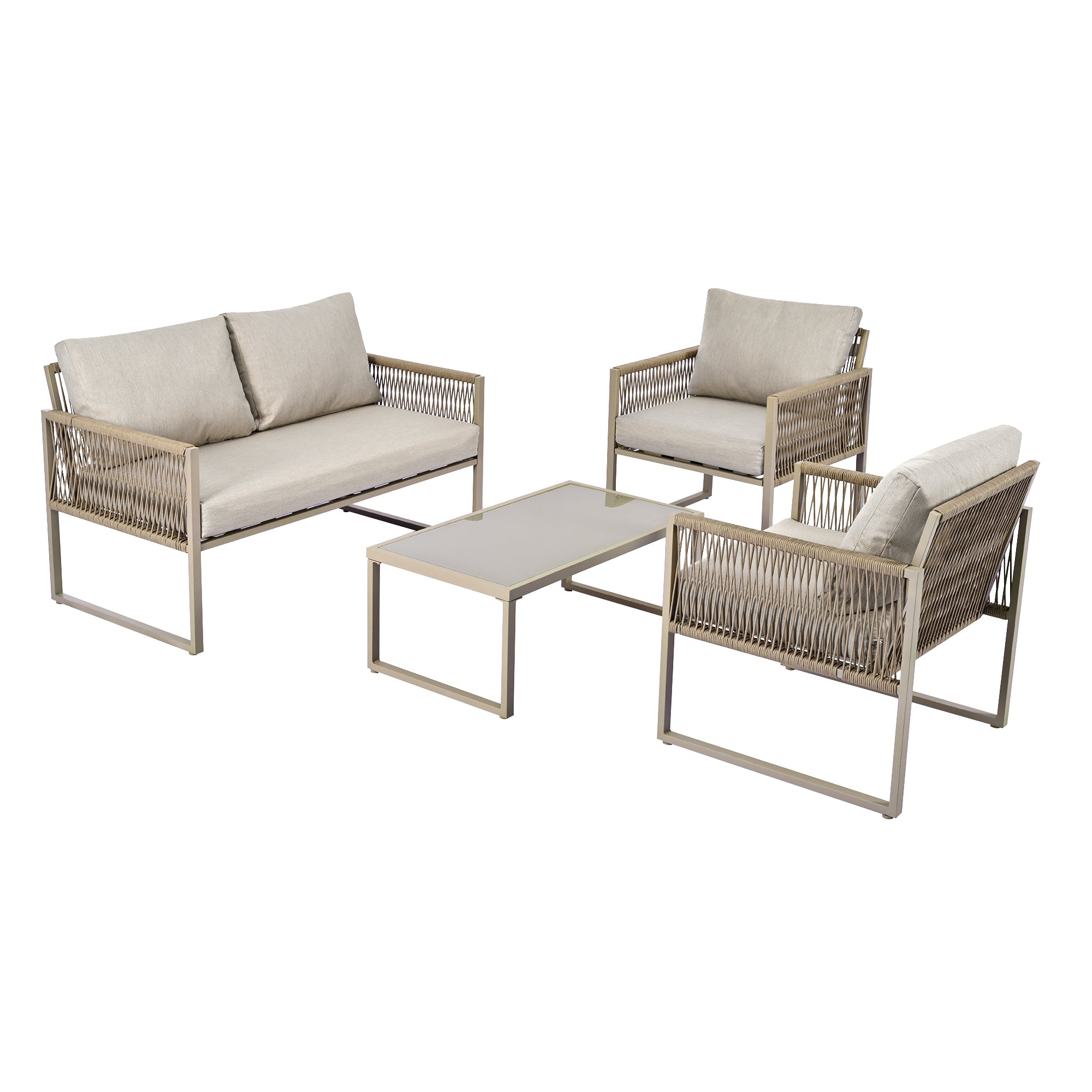 Outdoor Patio&Backyard Furniture Garden Lounge Set for 4 people, Thick Quality Space Saving Sofa with Glass Coffee Table, Khaki