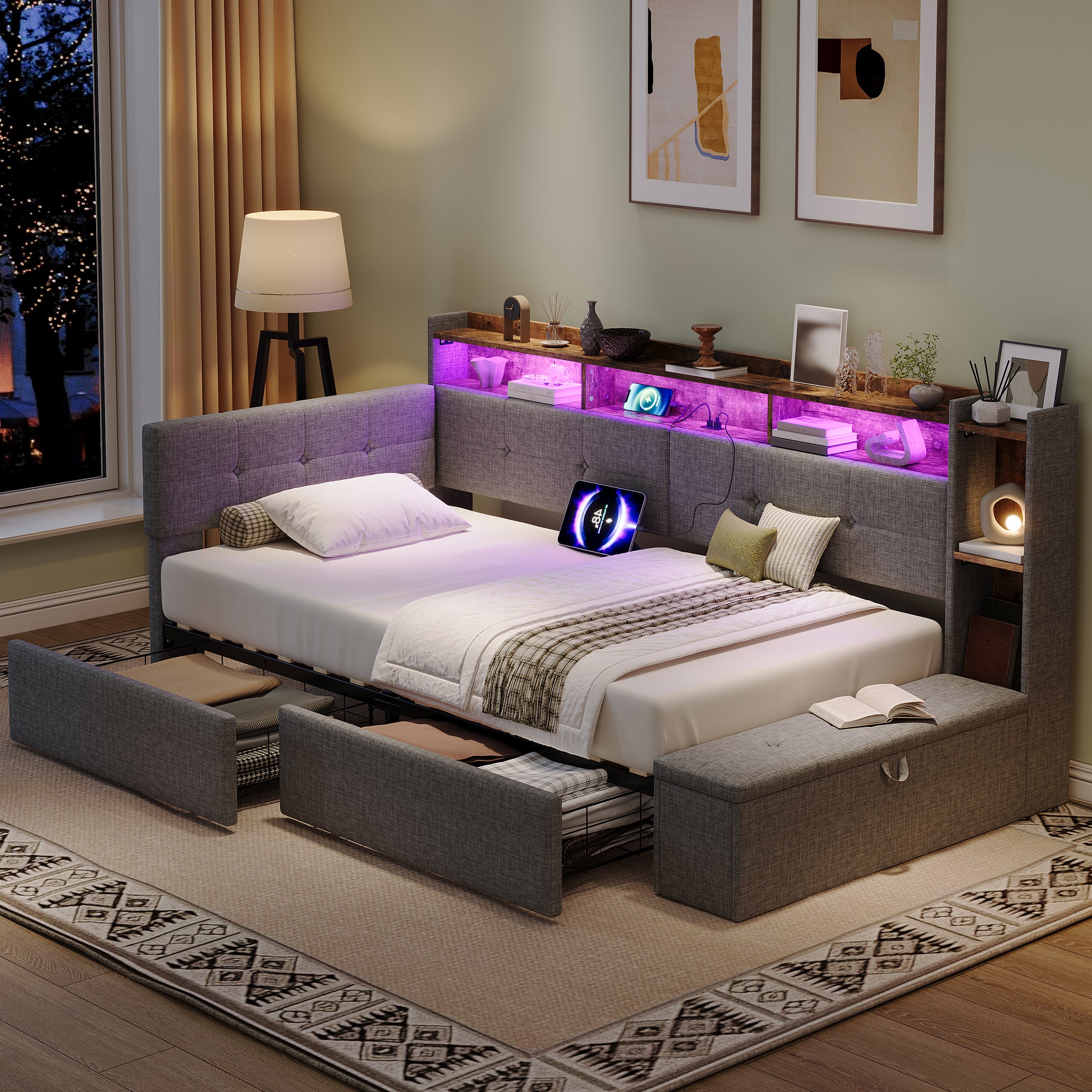3ft Single LED Daybed with Storage Drawers and Bed End Ottoman Storage, Modern Linen Sofa Bed with Charging Station for Living Room/ Bedroom/ Study Room, 90X190cm, Grey (No Mattress)