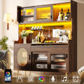Sideboard / Storage Cabinet / Kitchen Cabinet / Buffet, 145x39x171cm, Country Style, 5 Doors, with LED Light Strip & Pegboard, Fluted Glass Doors, Brown/Black