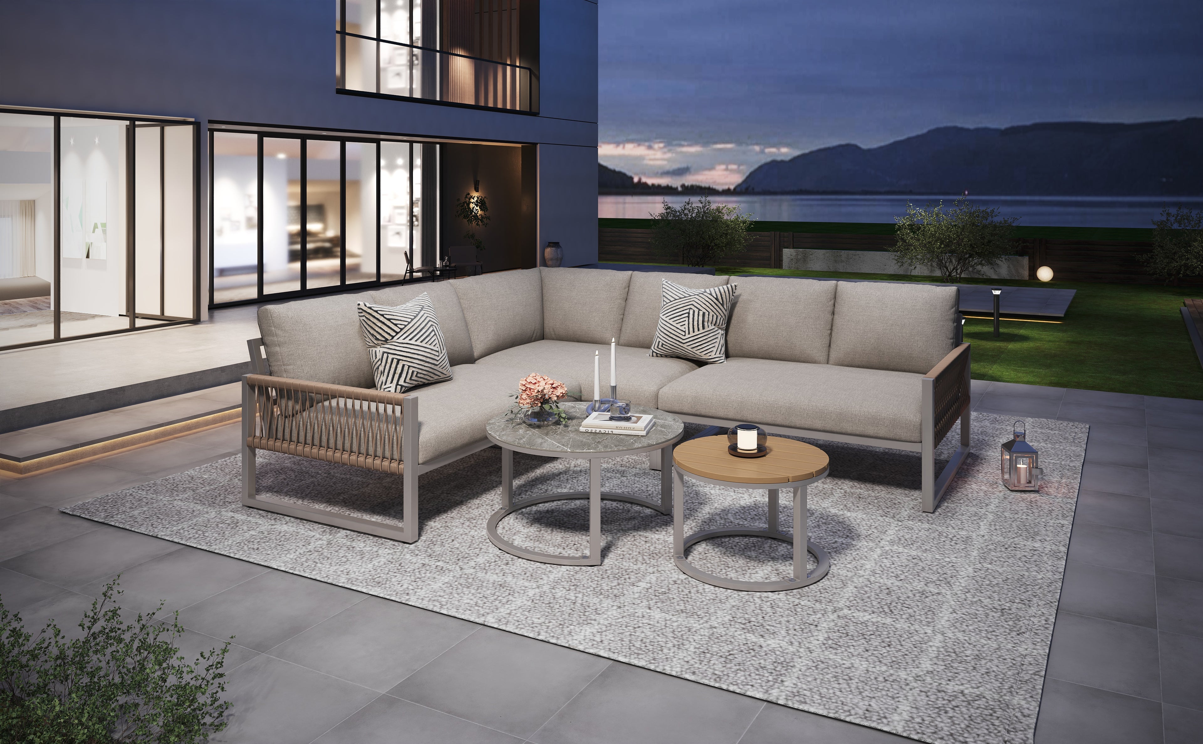 Outdoor garden lounge set, furniture set for 6-7 people, corner sofa with galvanized iron frame, adjustable legs, includes all seat and back cushions, beige