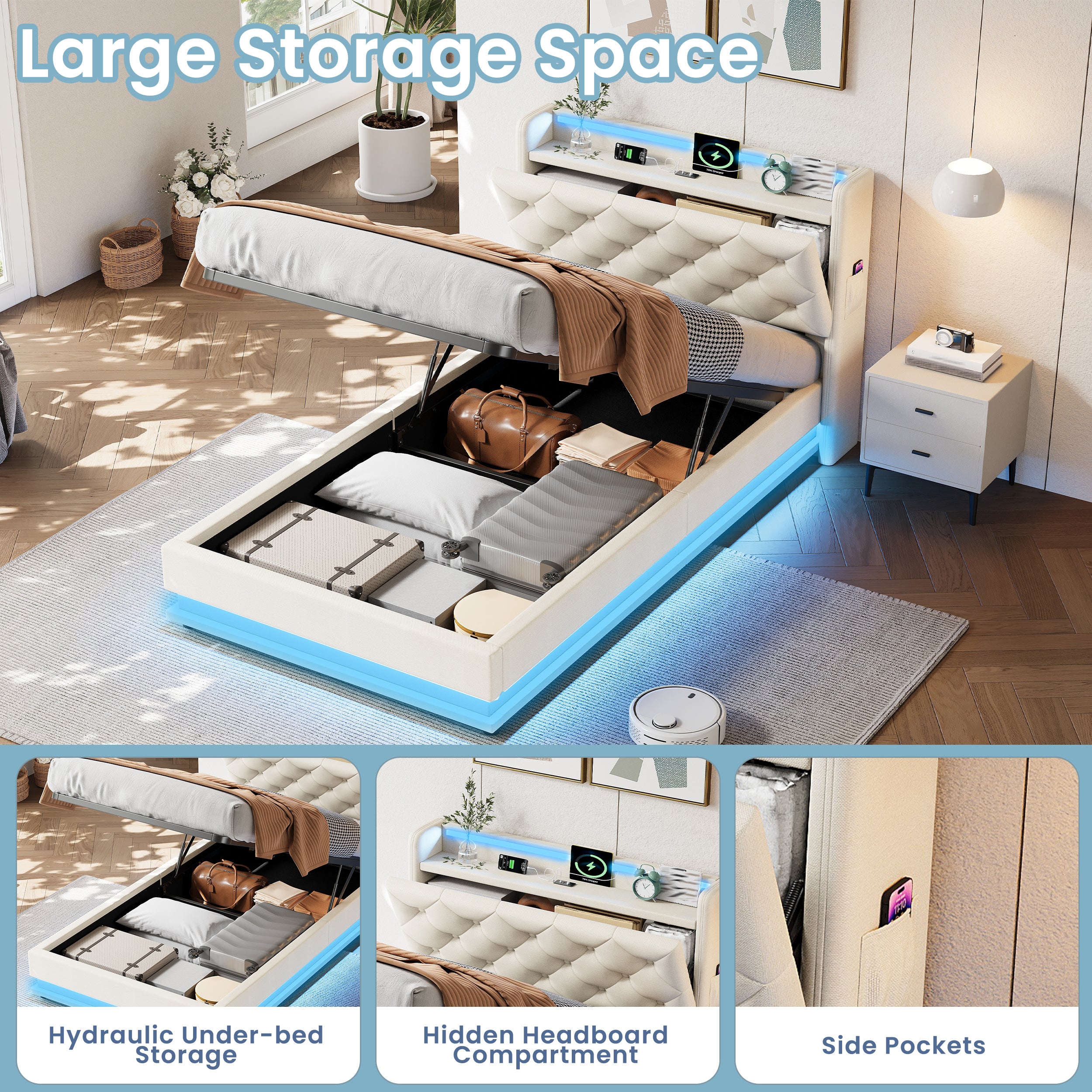 3ft Single Upholstered Bed Frame with Hydraulic Storage, LED Button Tufted Headboard with Charging Station and Concealed Headboard Storage, USB and Type-C Ports, Linen, Beige (No Mattress)