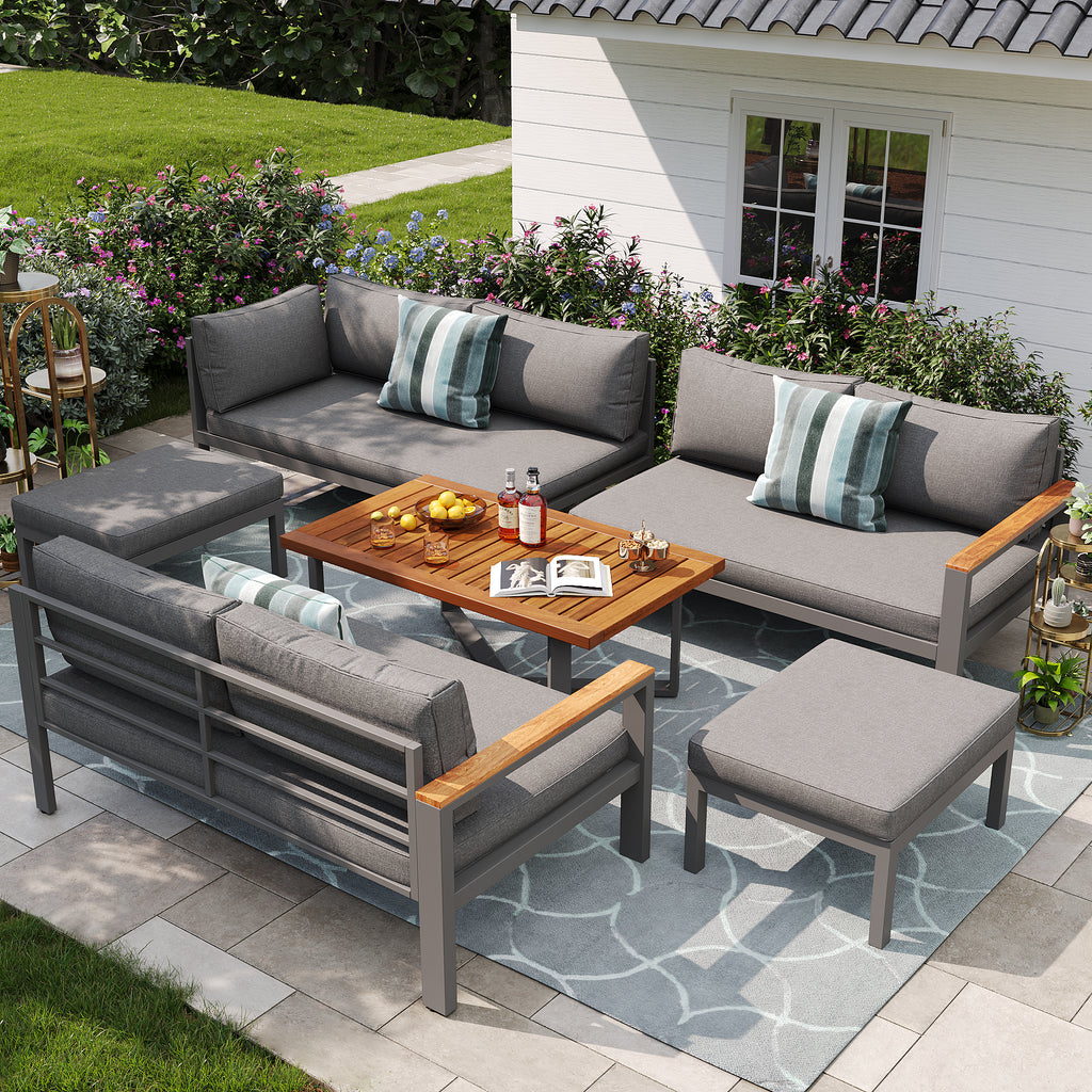 Outdoor Patio&Backyard Furniture Garden Lounge Set for 7-8 people, Thick Quality Space Saving L-Shaped Corner Sofa with Wooden Coffee Table and 2 Stool Table Box, Grey