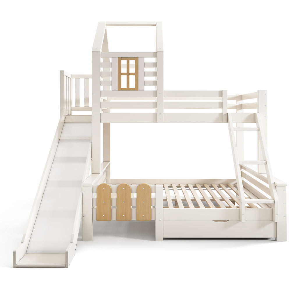 Bunk Beds for Kids, Wooden Cabin Bed with Ladder and Slide, Multi-functional Tree-house Bed, Children's House Bed, Twin Sleeper (90+135) x 190 cm, Solid Wood, White