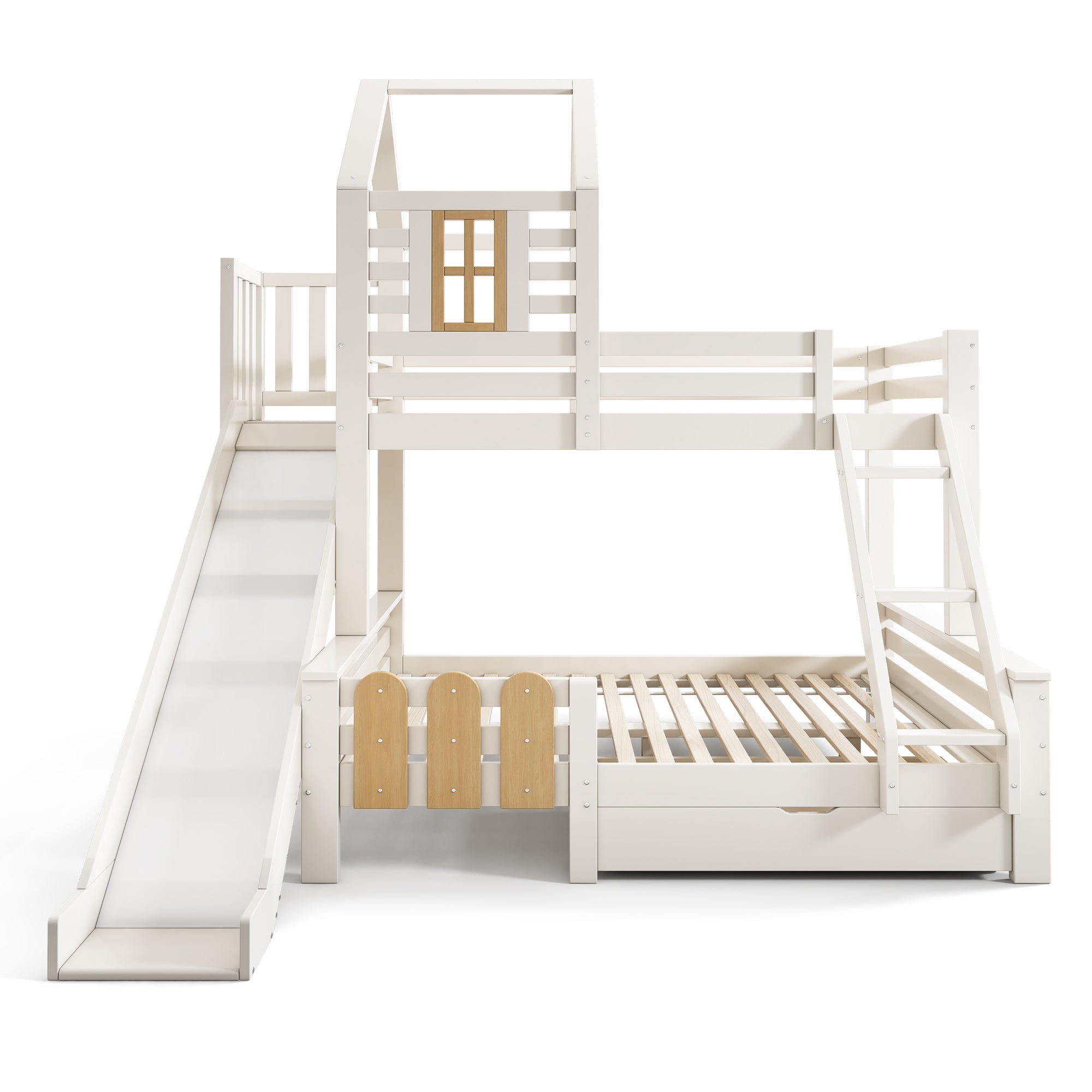 Bunk Beds for Kids, Wooden Cabin Bed with Ladder and Slide, Multi-functional Tree-house Bed, Children's House Bed, Twin Sleeper (90+135) x 190 cm, Solid Wood, White