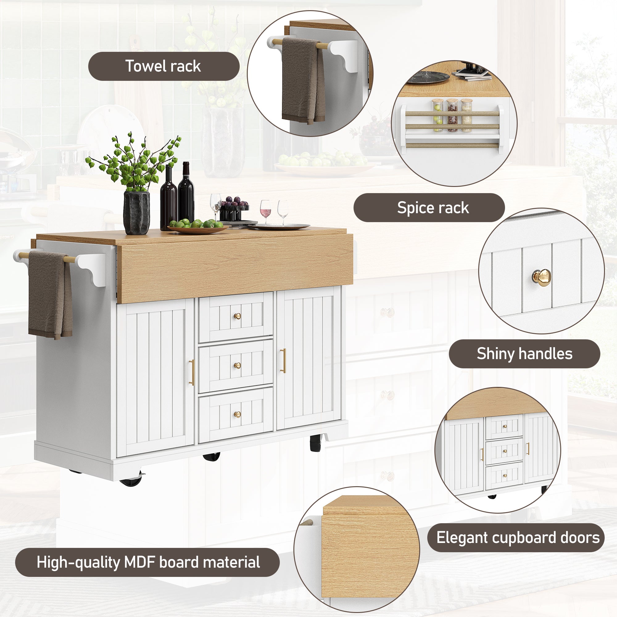 Kitchen island, cabinet, sideboard 120 x 40 (80) x 95 cm, extendable kitchen trolley with casters, extendable on both sides, with towel rail and spice rack, two doors, three drawers, black/white