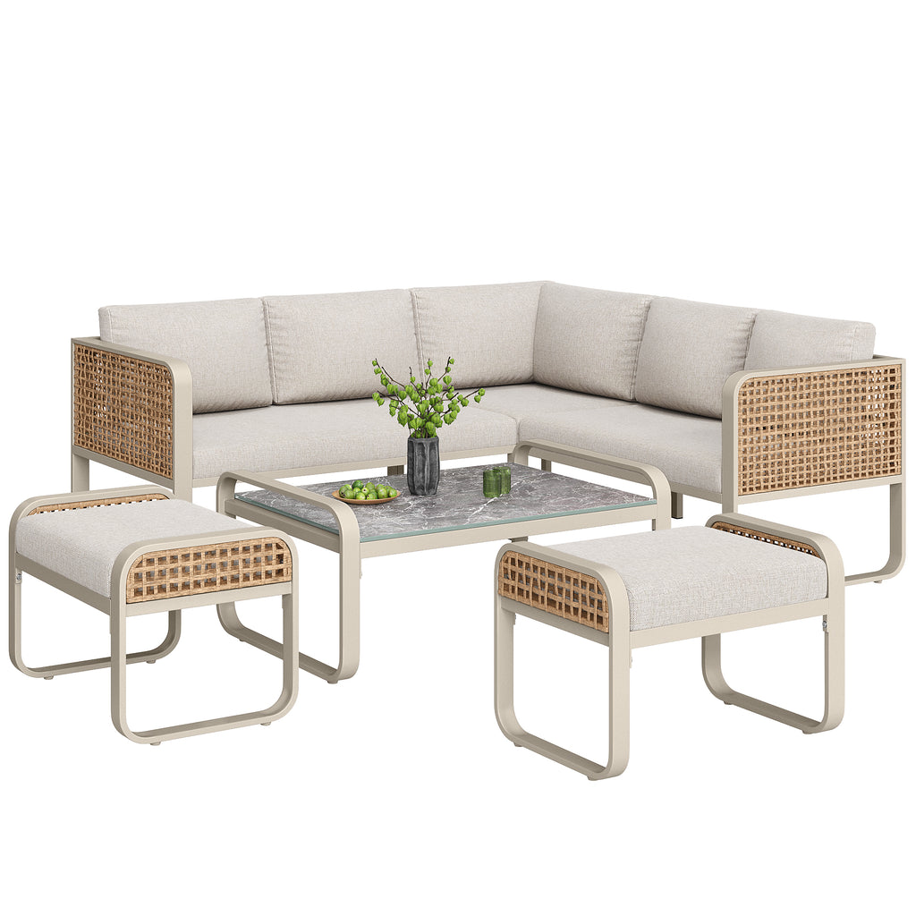 Outdoor garden lounge set, rattan furniture set for 6-7 people, corner sofa with galvanised iron frame, adjustable legs, includes all seat and back cushions, beige